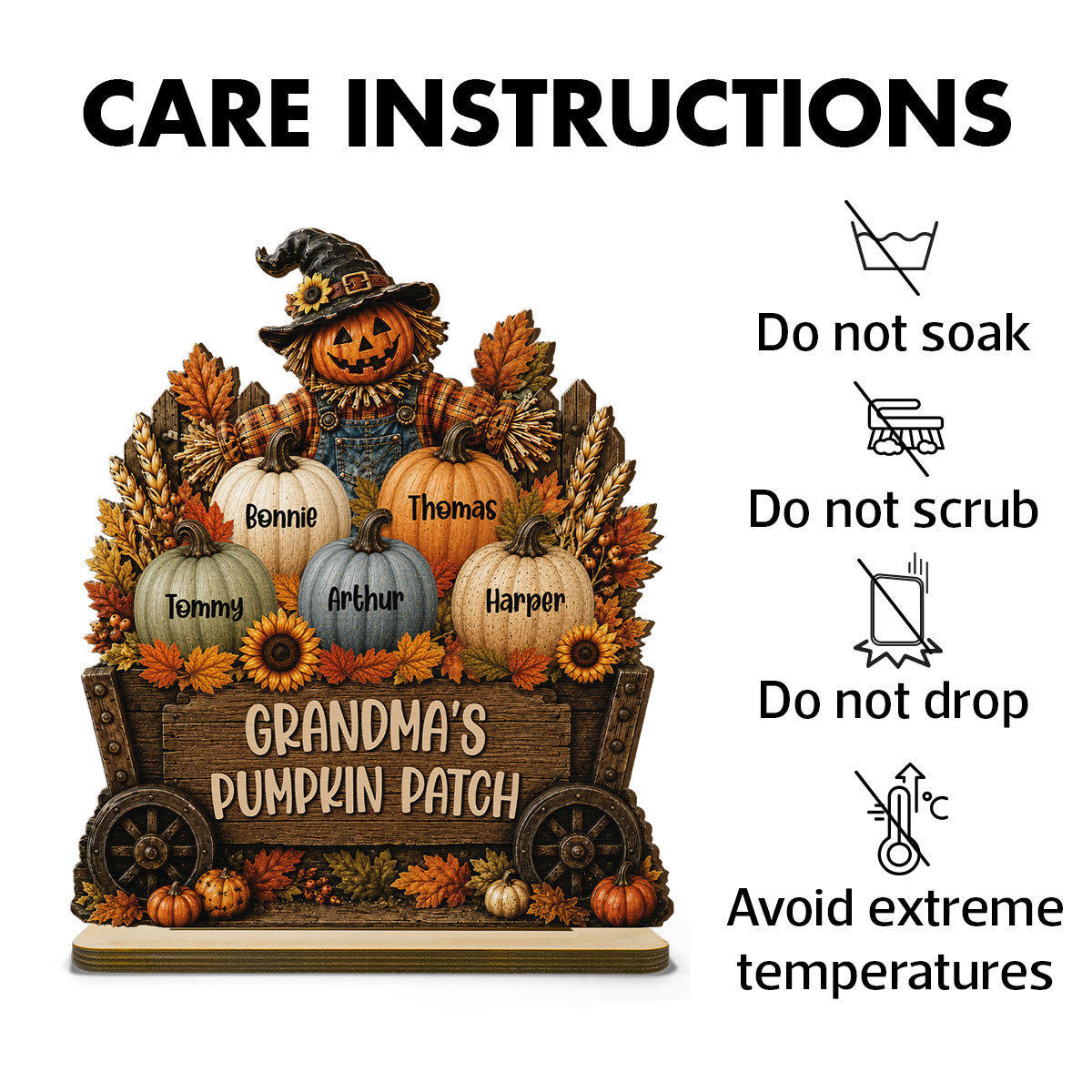 Grandma's Pumpkin Patch Scarecrow Pumpkins On Wagon 2D Flat - Personalized 2-Layered Wooden Plaque - Rustic Fall Decor
