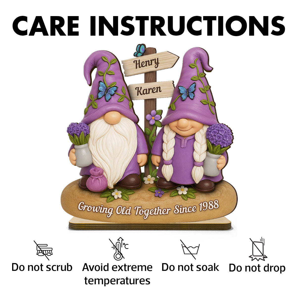 Lavender Gnome Couple - Personalized Standing Wooden Plaque - Gift for Couple, for Him, for Her