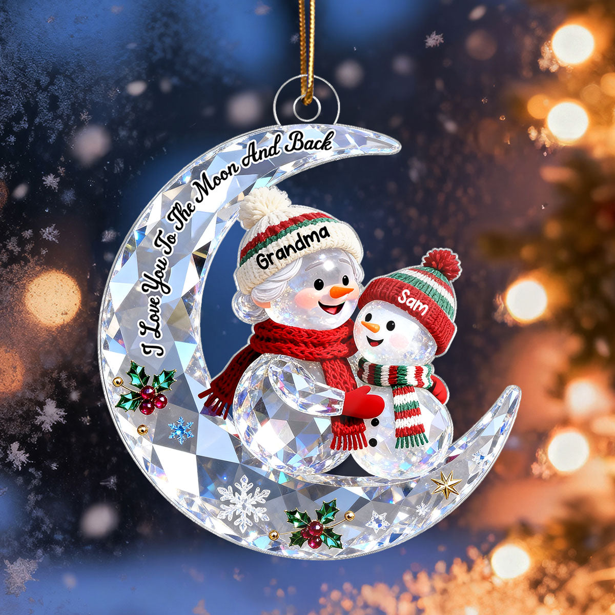3D Shining Effect Grandma Grandkid Snowman On Moon - Personalized Acrylic Ornament - Heartwarming Gift For Granddaughter, Grandson