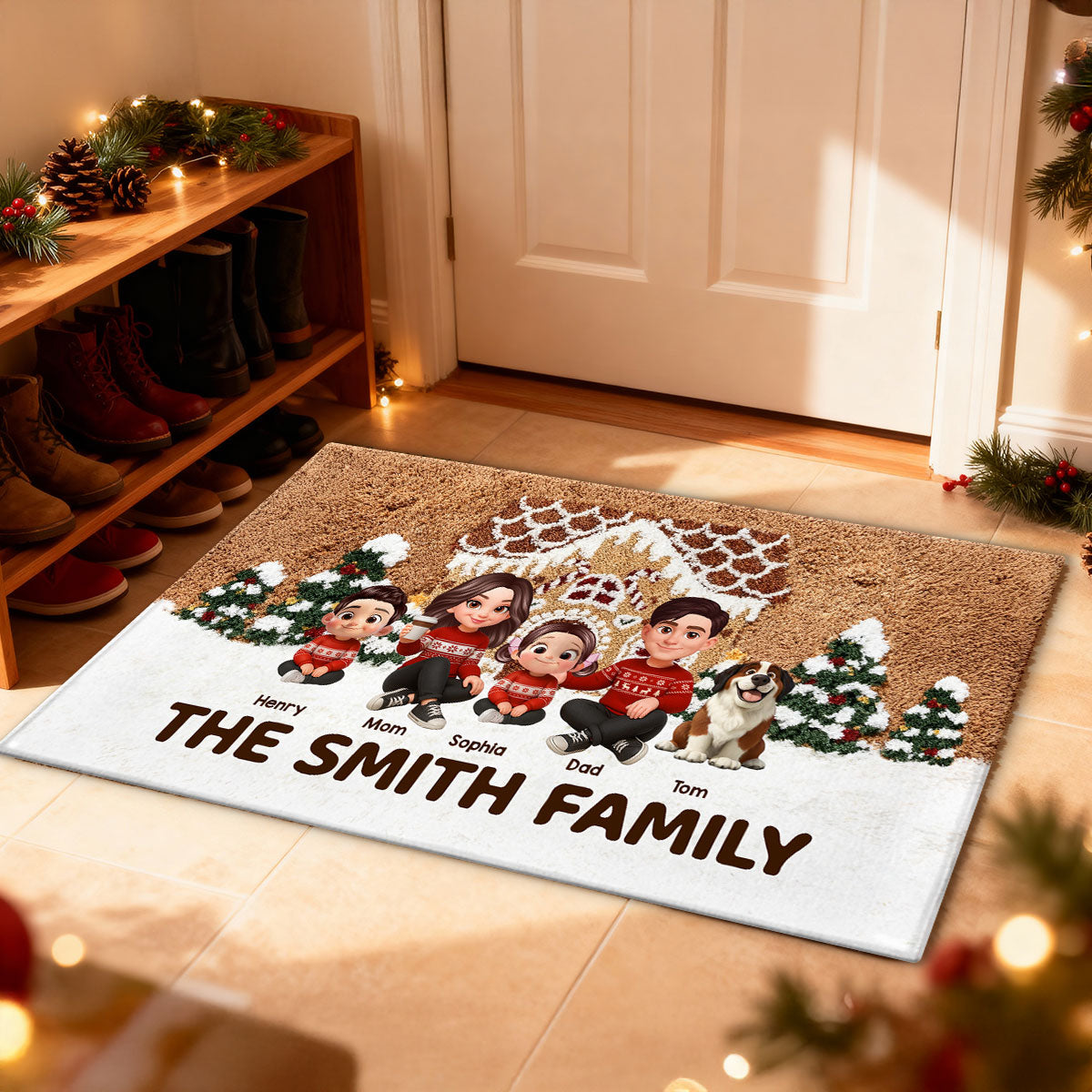 3D Effect Gingerbread House Family Christmas - Personalized Doormat
