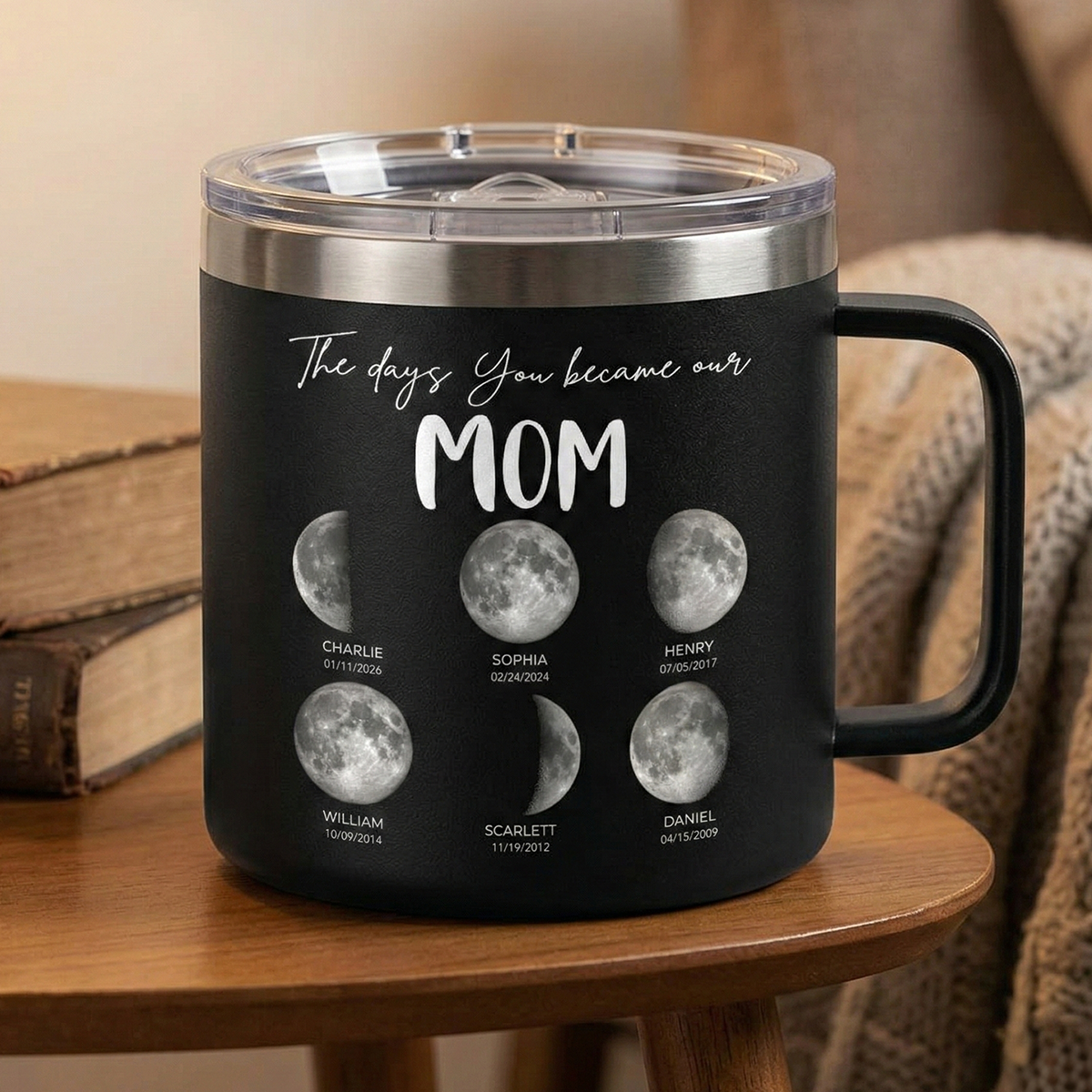 The Days You Became Our Mom Grandma Custom Birth Moon Phase - Personalized Tumbler With Handle - Mother's Day Gift For Mom, Grandma