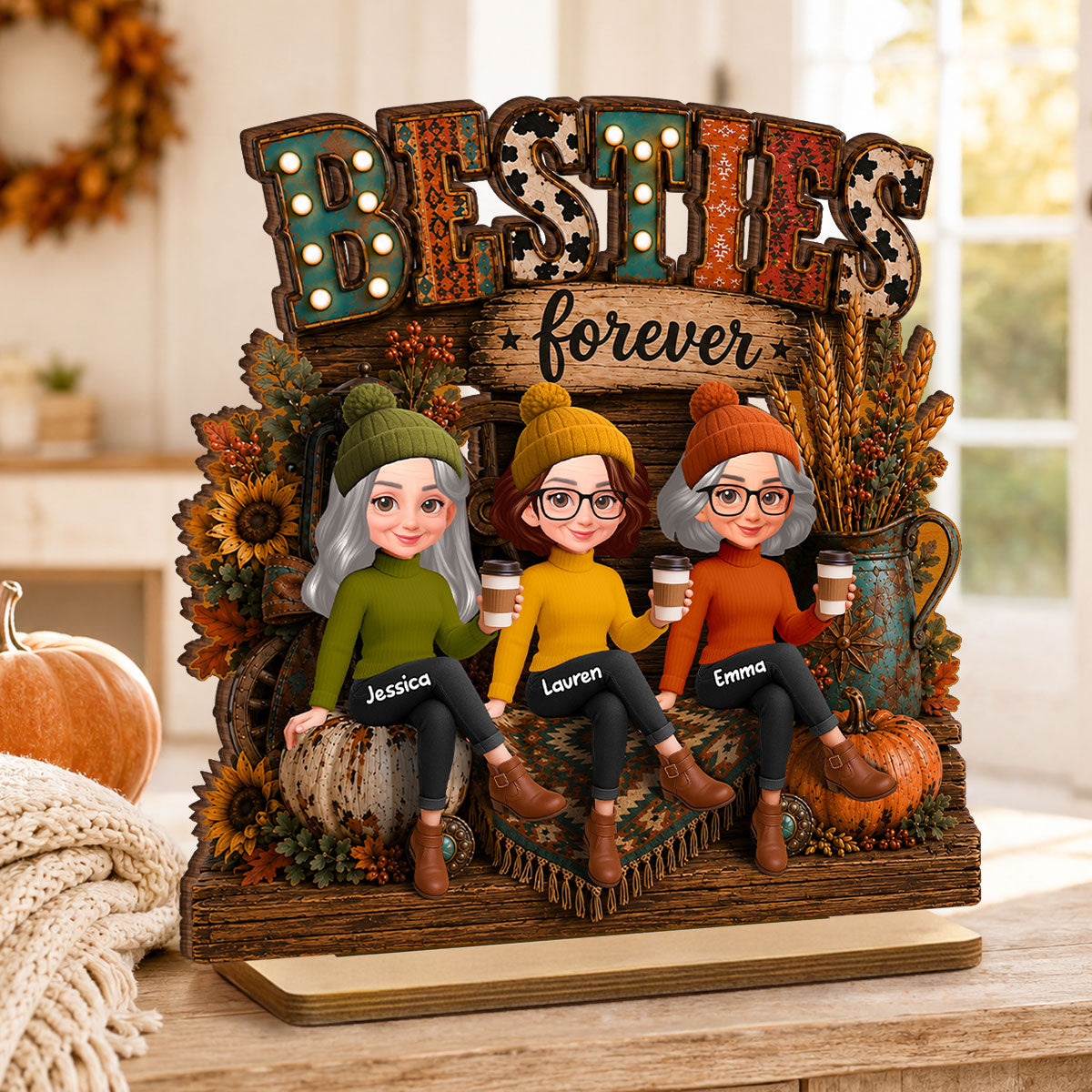 Western Fall Vibe Besties Forever - Personalized 2-Layered Wooden Plaque - Cozy Fall Decor for Best Friends