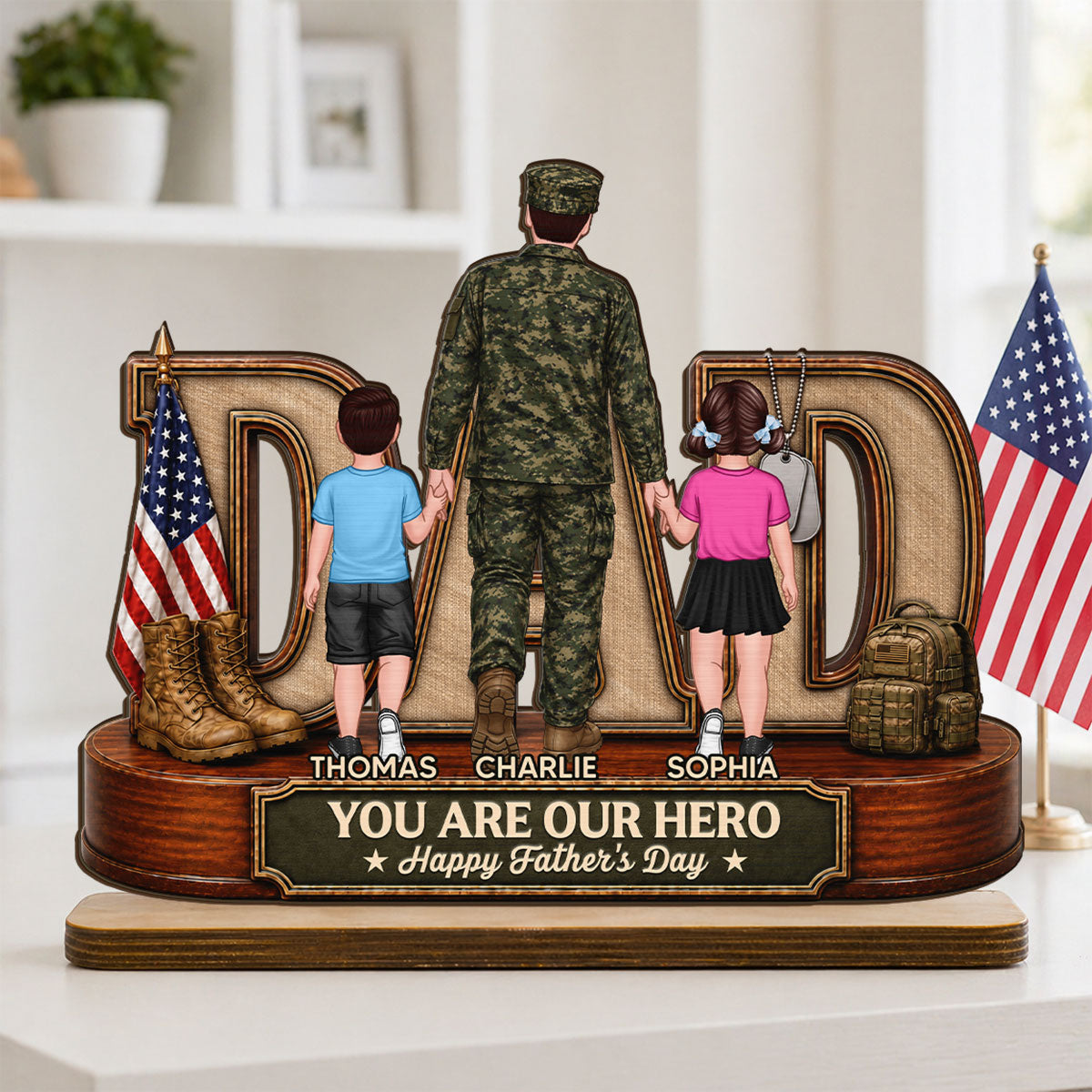 Proud American Army Dad You Are Our Hero - Personalized 2-Layered Wooden Plaque -  Gift For Dad, Husband