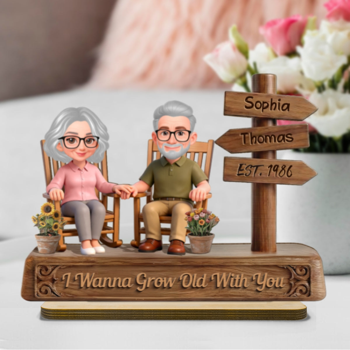 Old Couple Sitting On Rocking Chair By Sign Post 2D Flat - Personalized 2-Layered Wooden Plaque