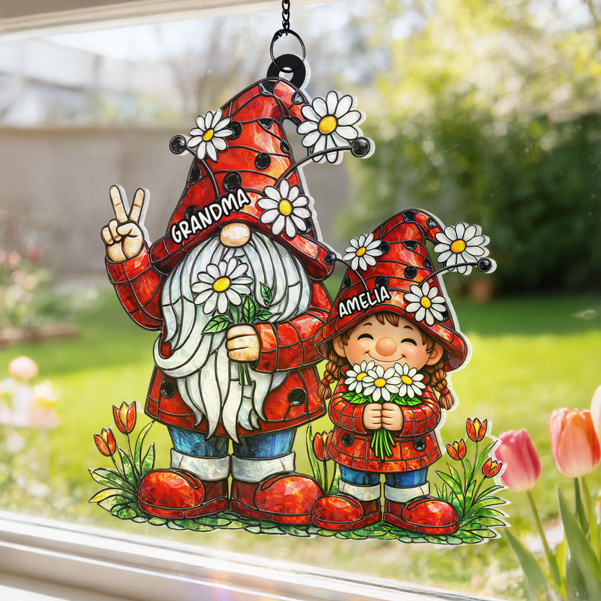 Grandma Grandkids Gnome Daisy Flowers - Personalized Suncatcher - Gift For Grandma