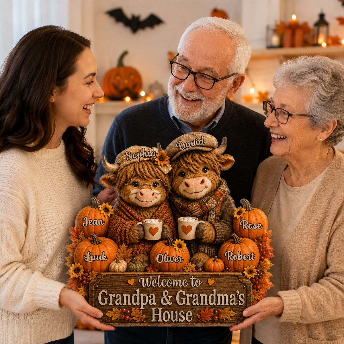 Welcome To Grandpa Grandpa's House Highland Cow - Personalized Wood Sign - Fall Season Decor Gift, Gift For Grandma, Grandpa