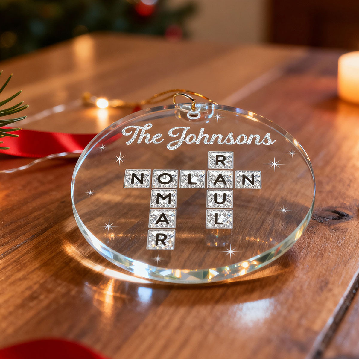 3D Shining Effect The Family Crossword Puzzle Art - Personalized Acrylic Ornament - Christmas Gift For Family, Matching Ornaments For Family