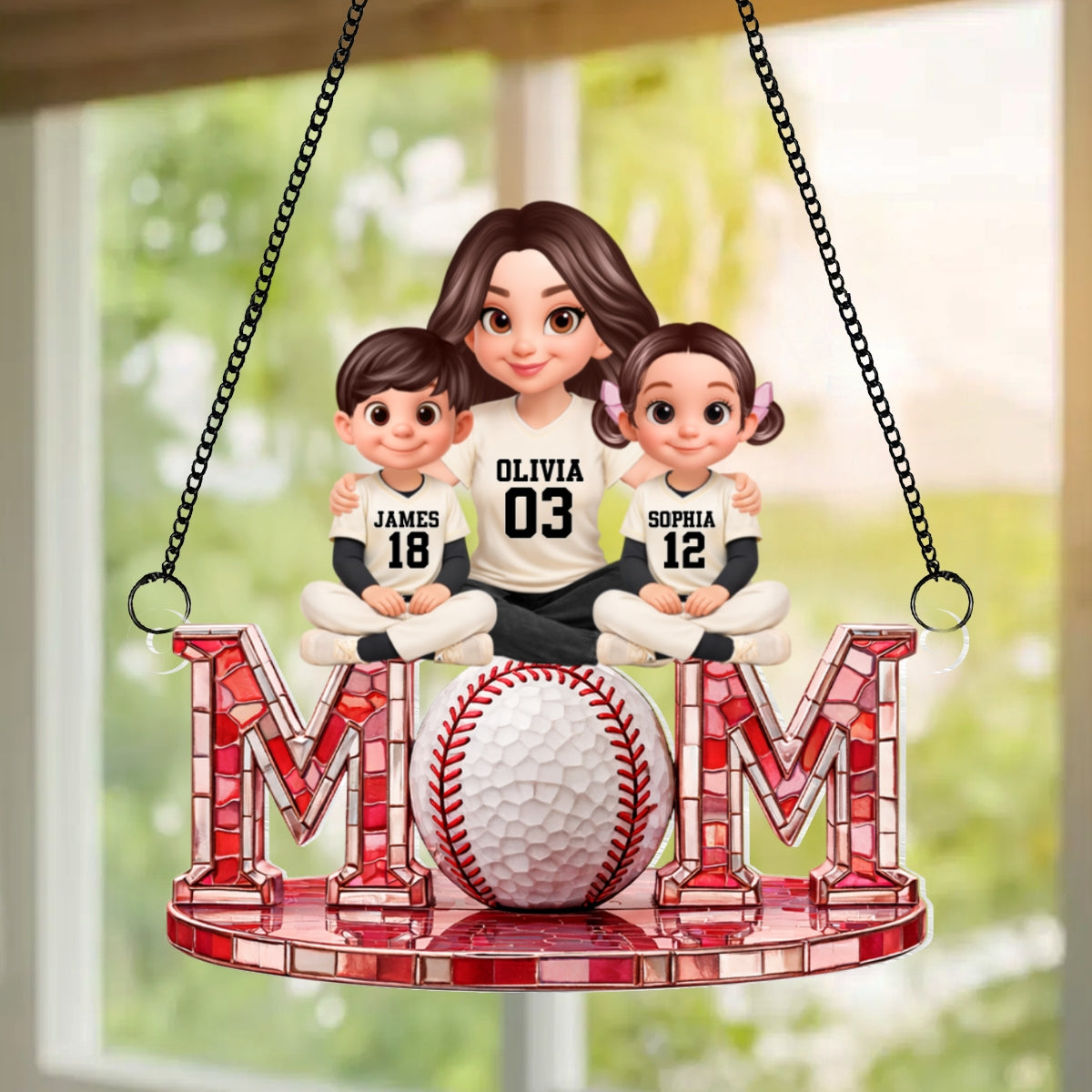 Baseball Mom And Kids Sitting - Personalized Suncatcher - Heartfelt Mother's Day Gift for Mom, Wife