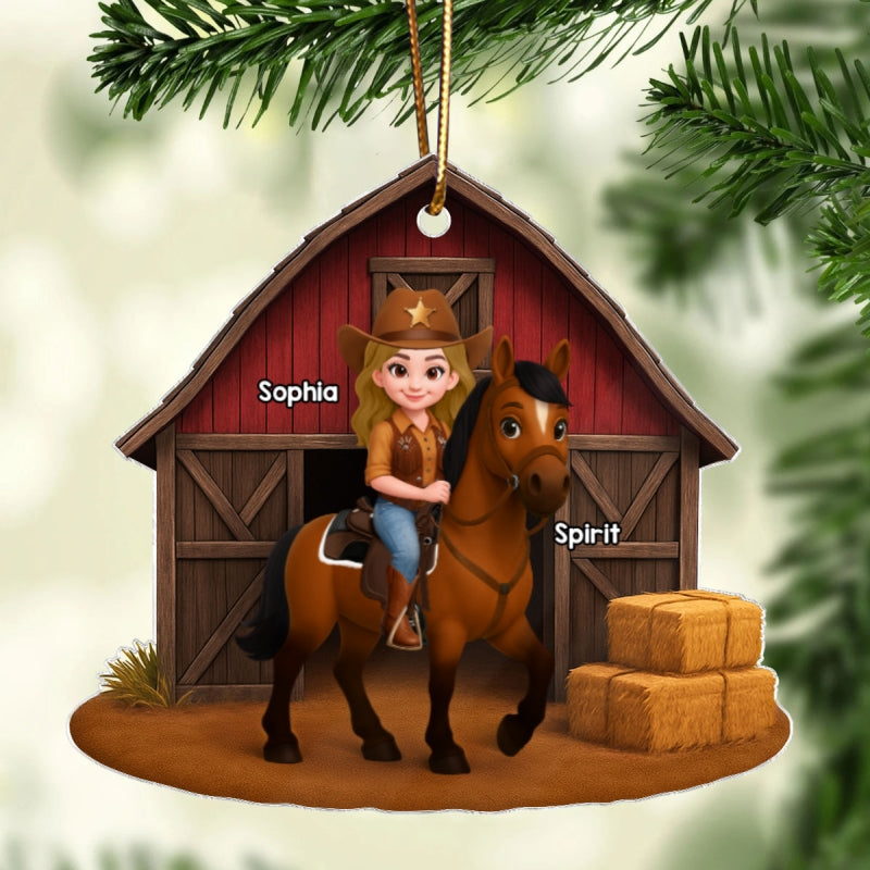 Country Girl And Horse Red Barn 3D Effect - Personalize Acrylic Ornament