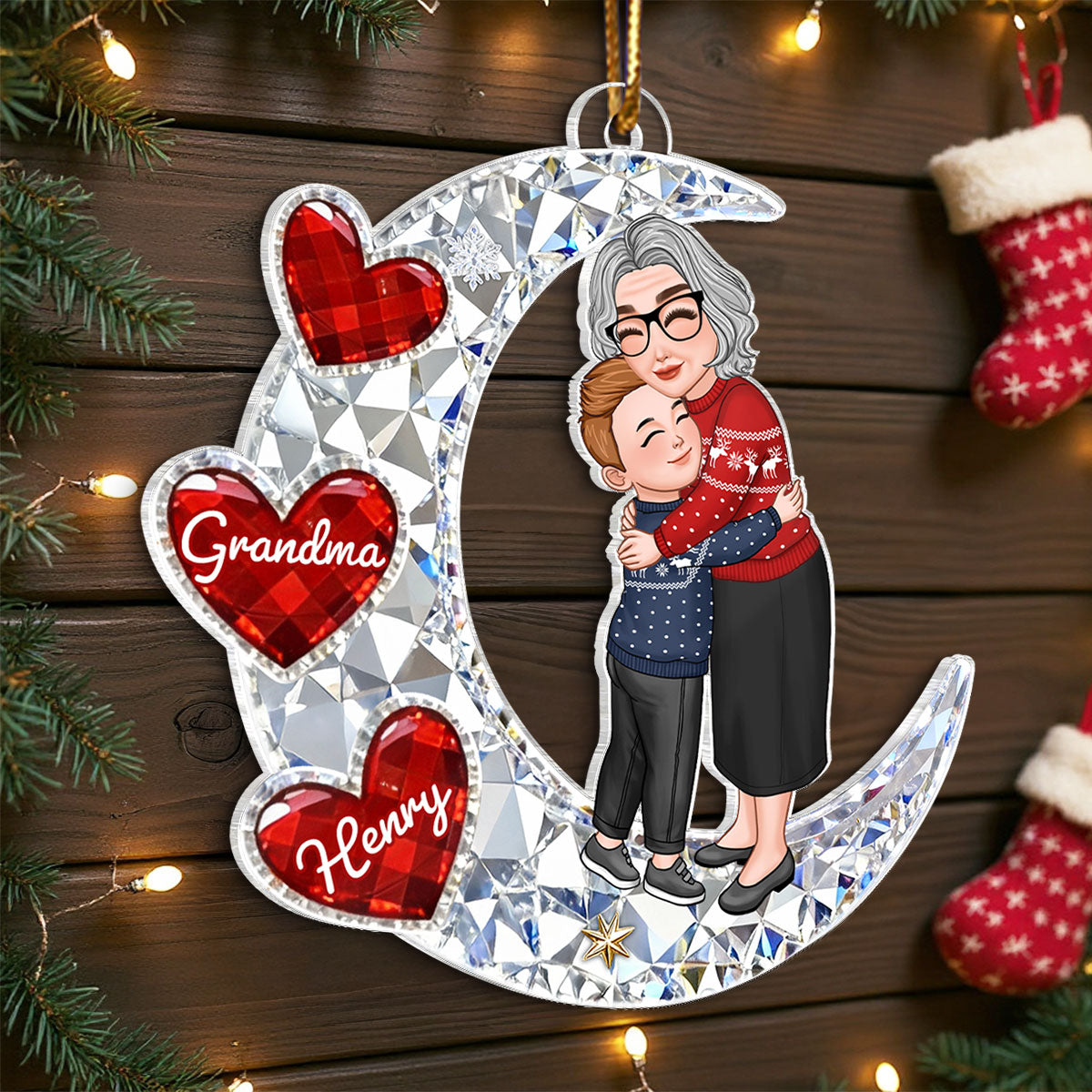 3D Crystal Effect Grandma Grandkid Hugging on Moon - Personalized Acrylic Ornament - Christmas Gift for Grandma, Grandkids