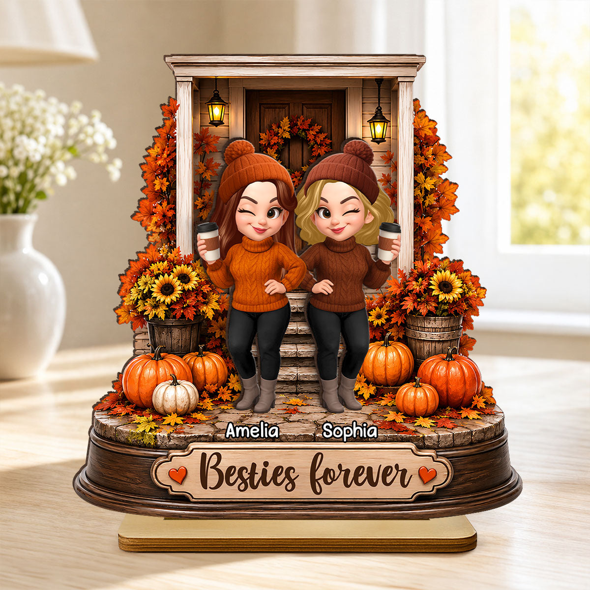 Besties Forever Front Porch Memories - Personalized 2-Layered Wooden Plaque - Fall Season Gift For Besties