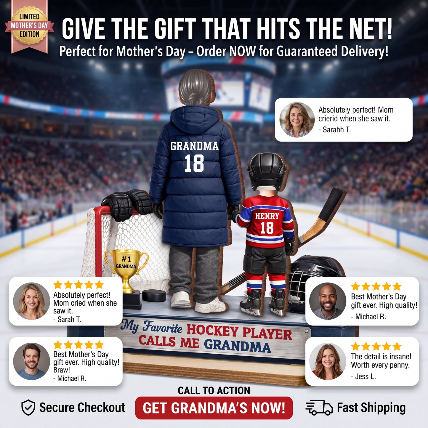 Grandma Hockey And Grandkids - Personalized 2-Layered Wooden Plaque - Heartfelt Gift For Grandma
