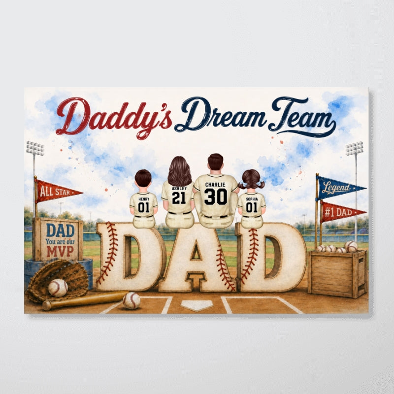 Watercolor Style Baseball Family Daddy's Dream Team - Personalized Poster - Father's Day Gift For Dad, Husband