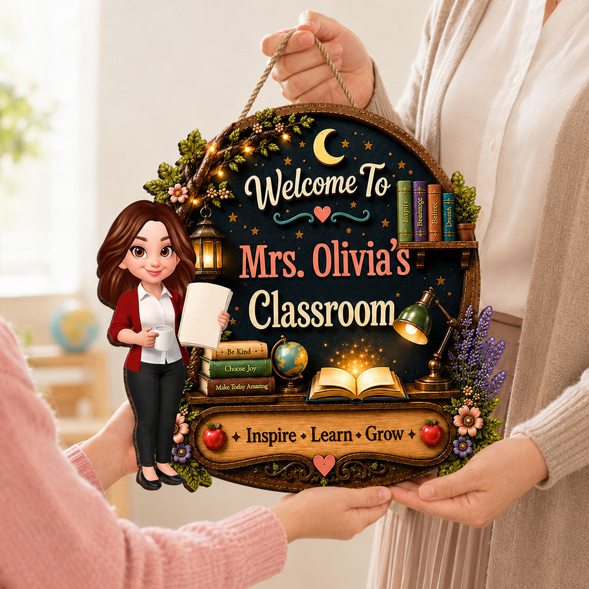 Inspire Grow Learn Fantasy Teacher - Personalized Wood Sign - Back To School Gift For Teacher, Classroom Decor