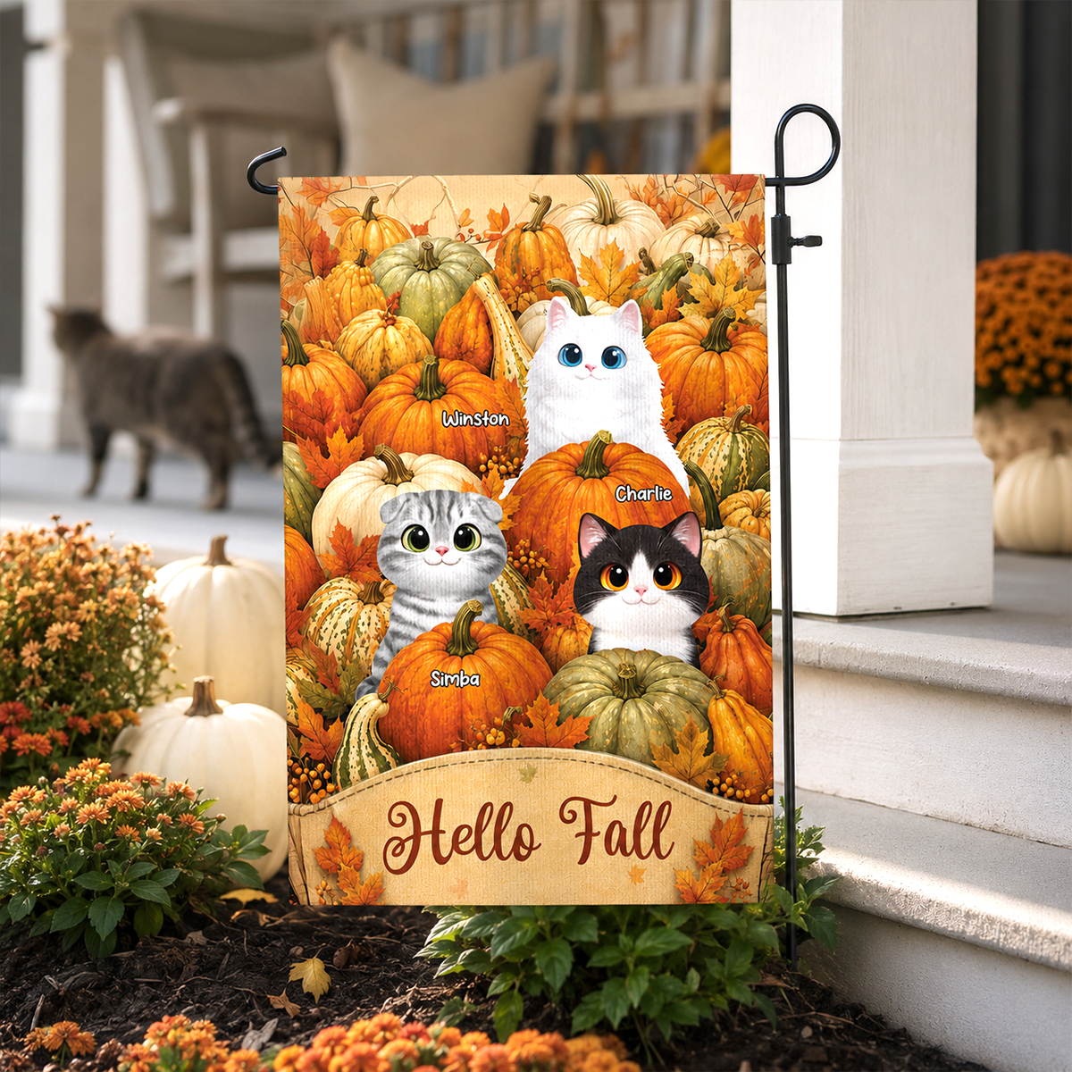 Hello Fall Cute Cat Peeking In Fall Pumpkin Patch - Personalized Garden Flag - Fall Season Decor For Cat Lover