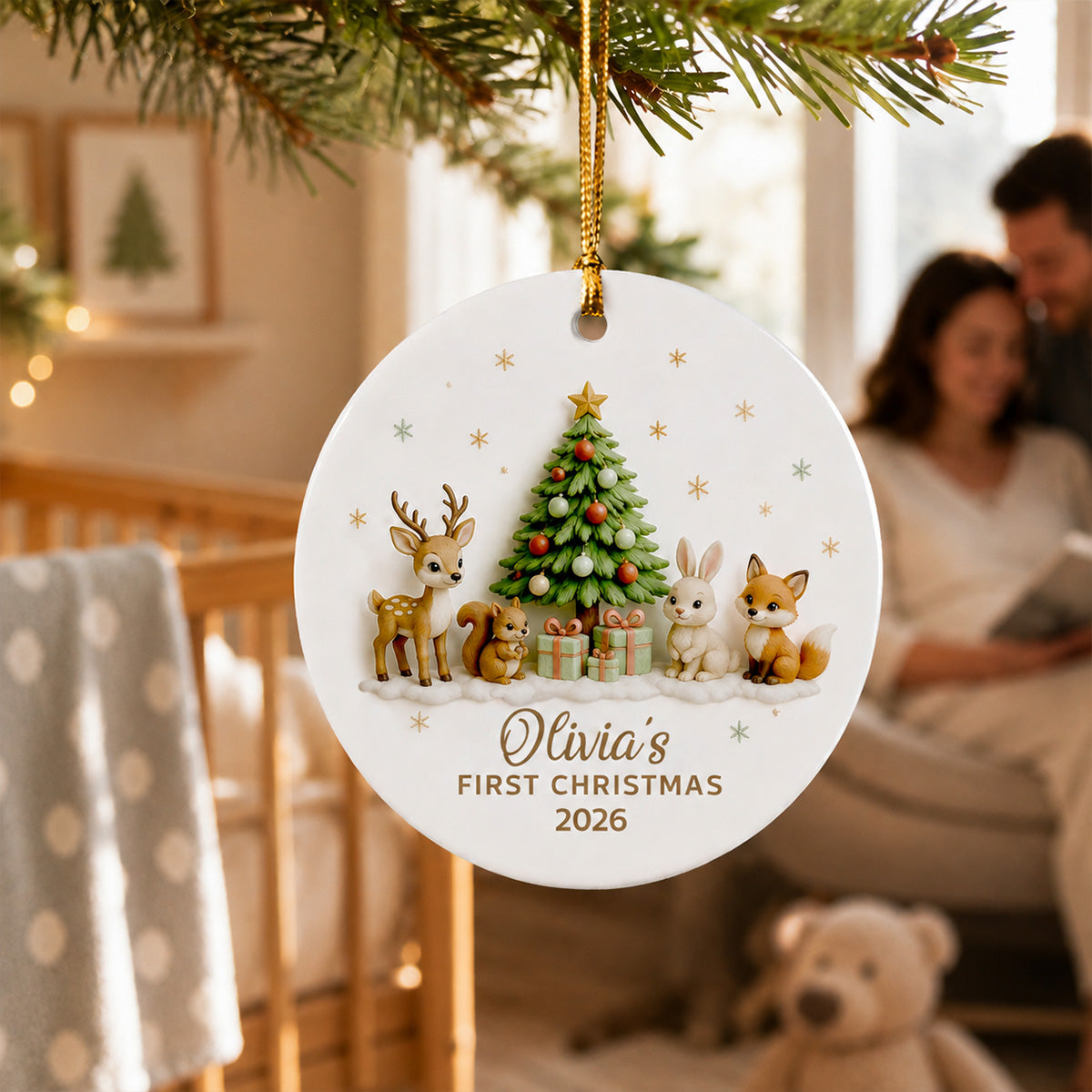 Baby’s First Christmas Tree & Woodland Animals 2D Flat - Personalized Ceramic Ornament - New Baby Christmas Keepsake
