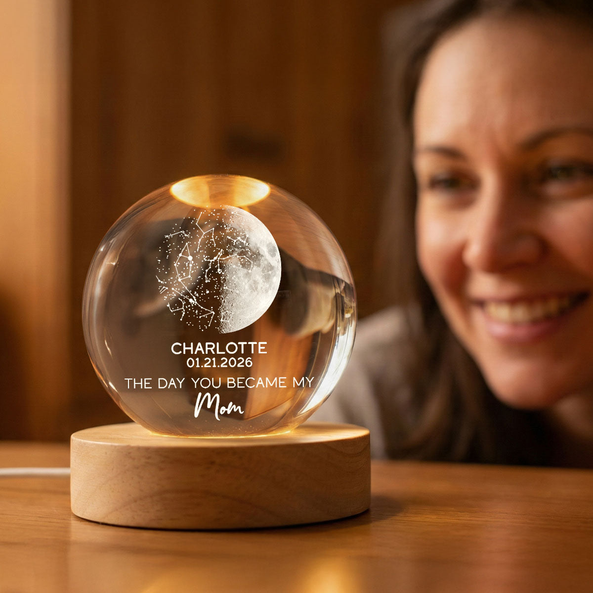 The Days You Became Our Mom Custom Moon Phase And Star Map - Personalized Crystal Ball LED Night Light - Mother's Day Gift For Mom