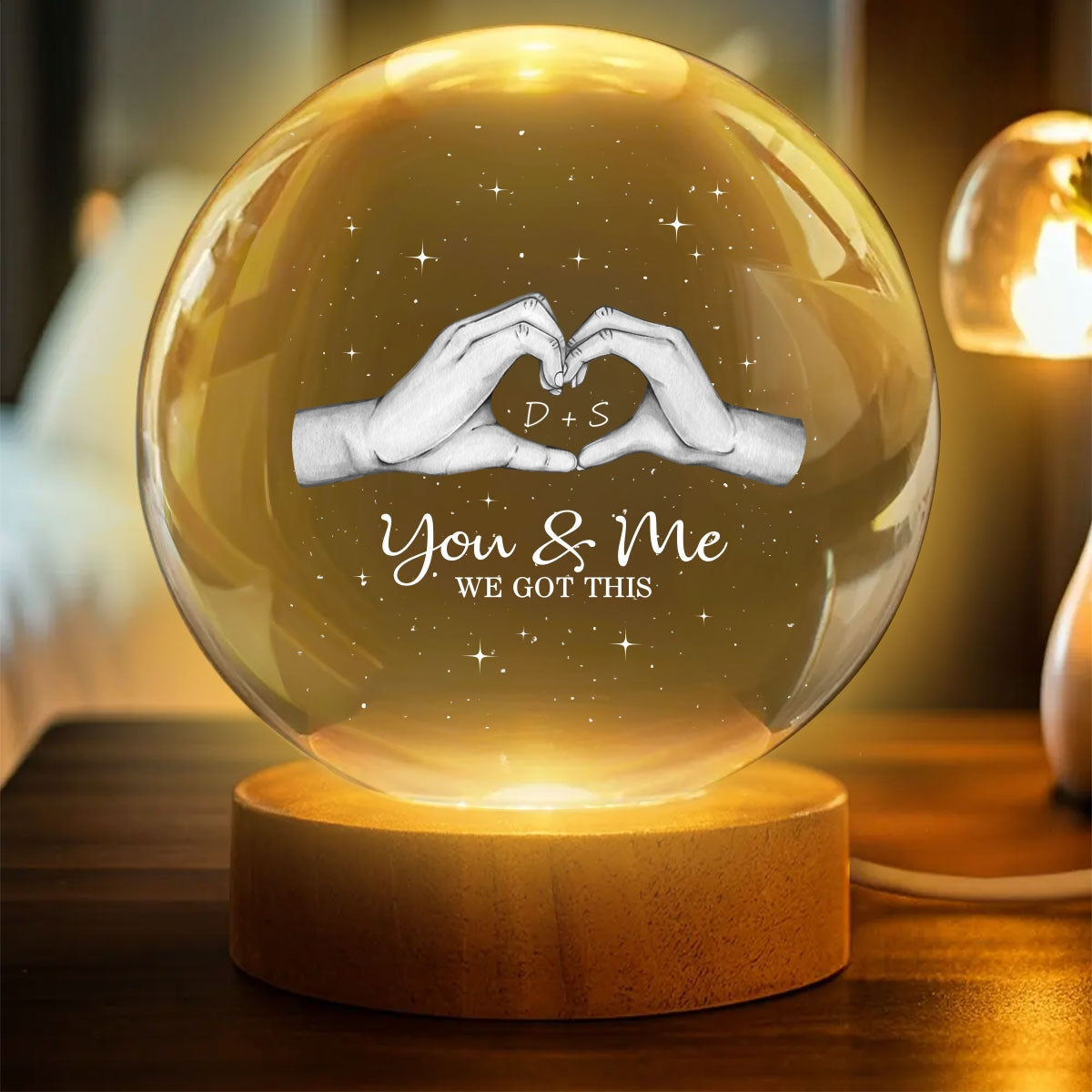 Hearts Hands Couple Initials - Personalized Crystal Ball LED Night Light - Valentine's Day Gift For Couple