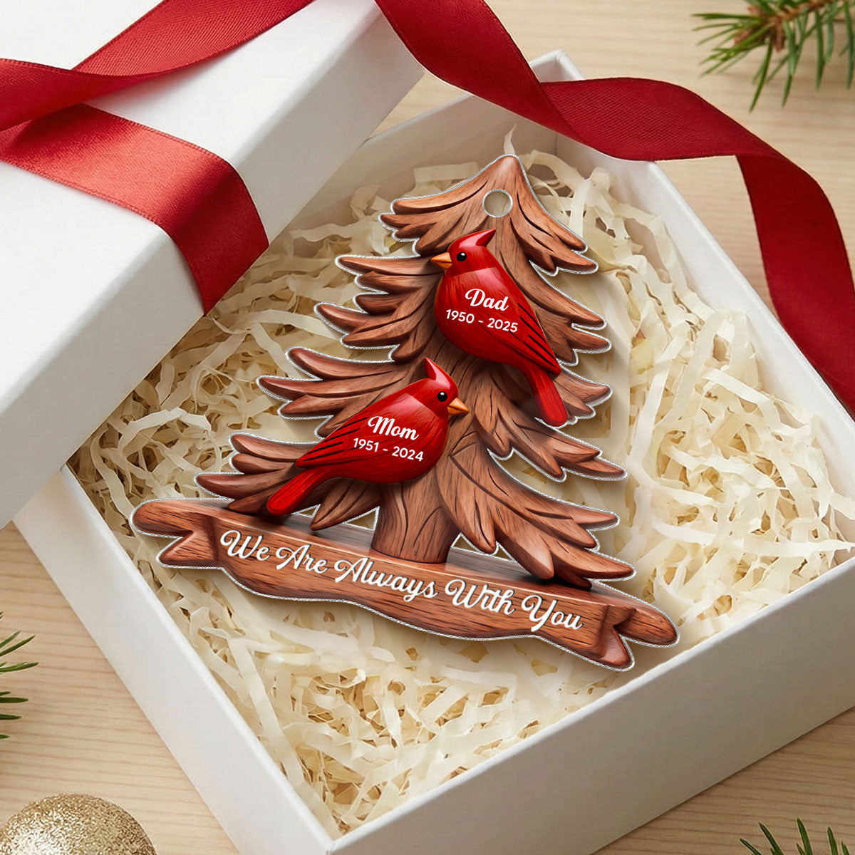 3D Effect Flat Christmas Cardinals Memorial - Personalized Ornament - Remembrance Gift, Sympathy Gift