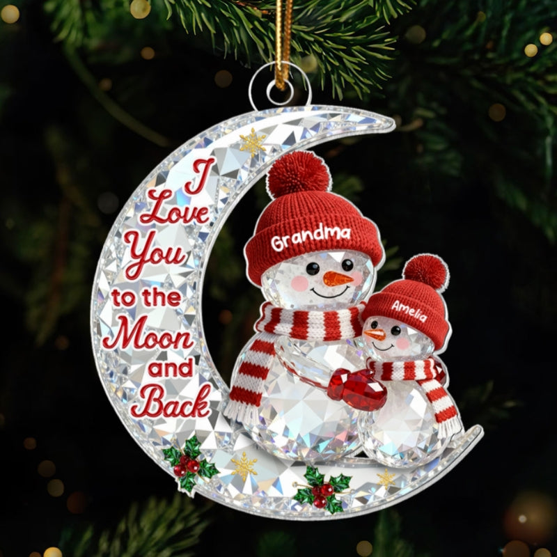 3D Effect Flat Snowman Grandma And Grandkid On Moon - Personalized Acrylic Ornament - Gift For Grandma, Grandkids
