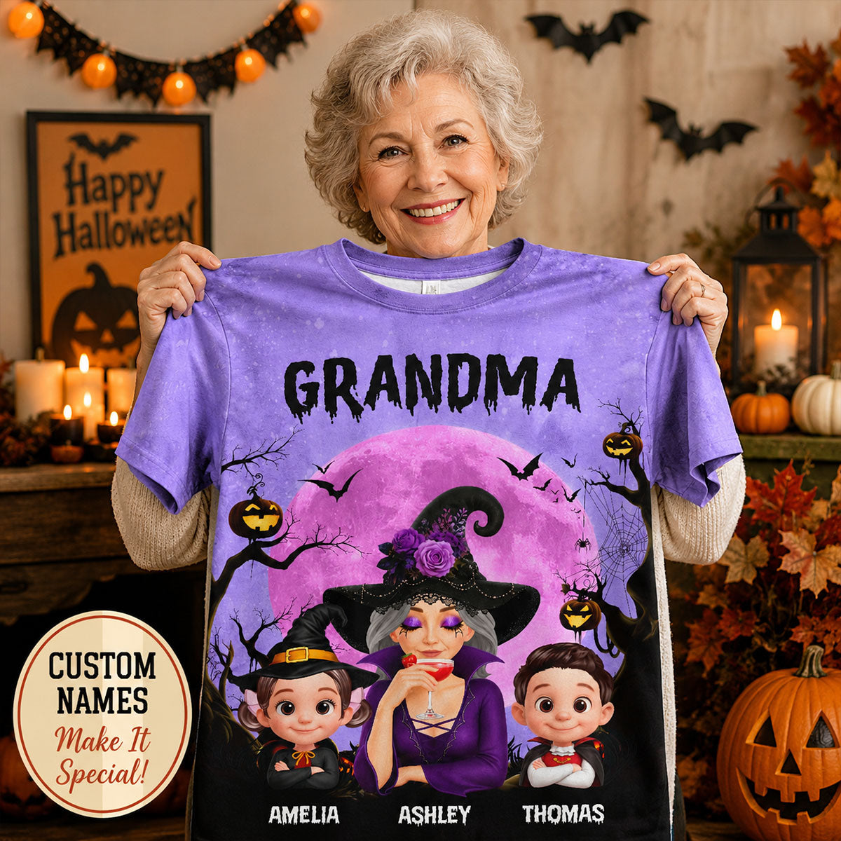 Halloween Theme Grandma Witch Grandkids - Personalized Shirt - Halloween Gift For Grandma