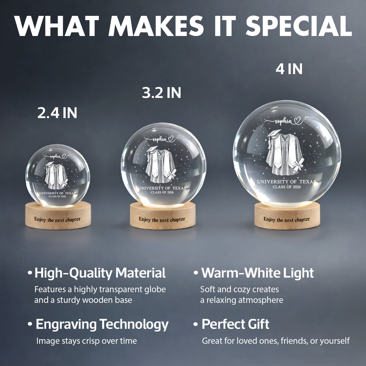 Class of 2026 - Personalized Crystal Ball LED Night Light - Custom Graduation Gift for Daughter, Son, Grandkids