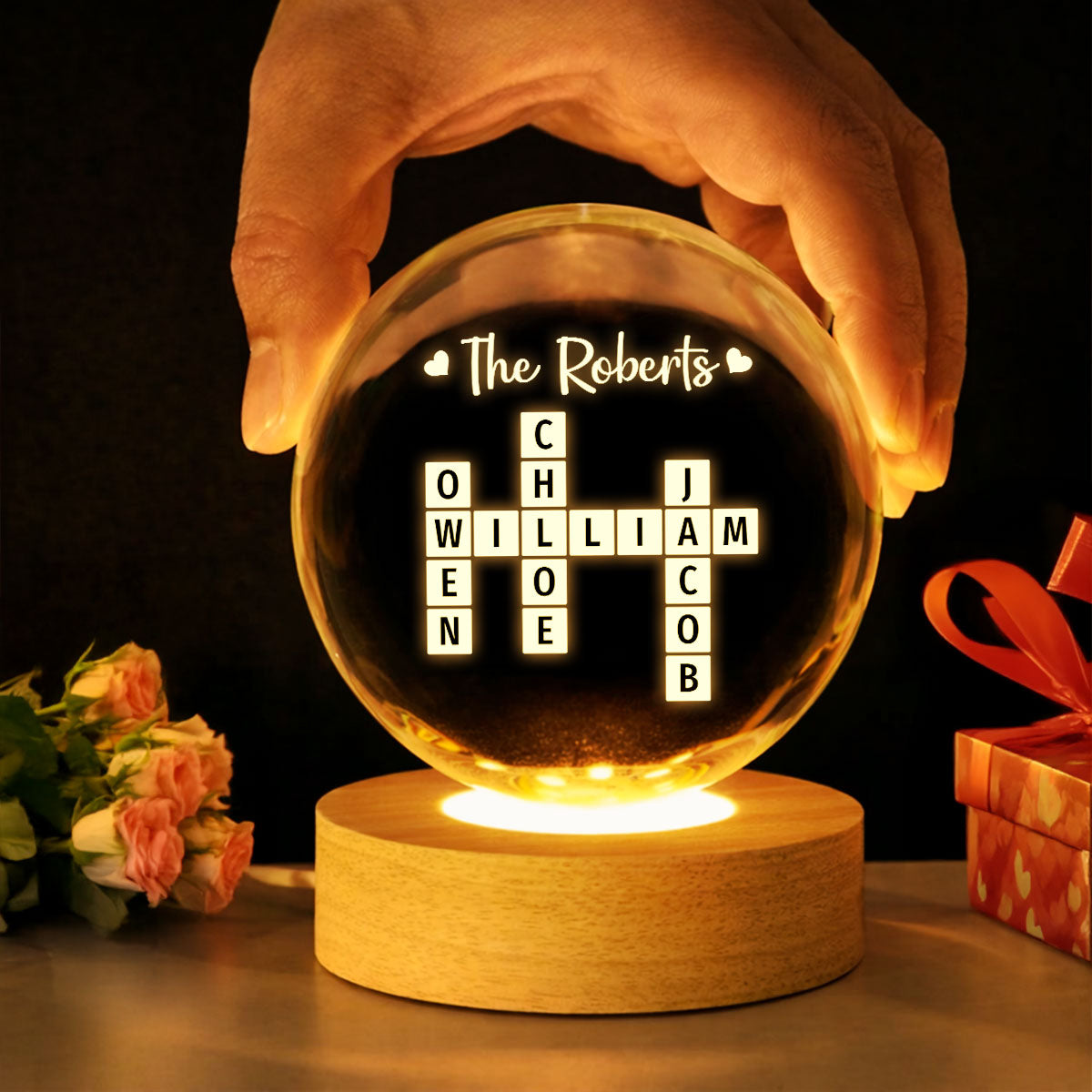 Family Crossword Puzzle Art - Personalized Crystal Ball LED Night Light - Heartfelt Gift For Grandma, Gift For Mom