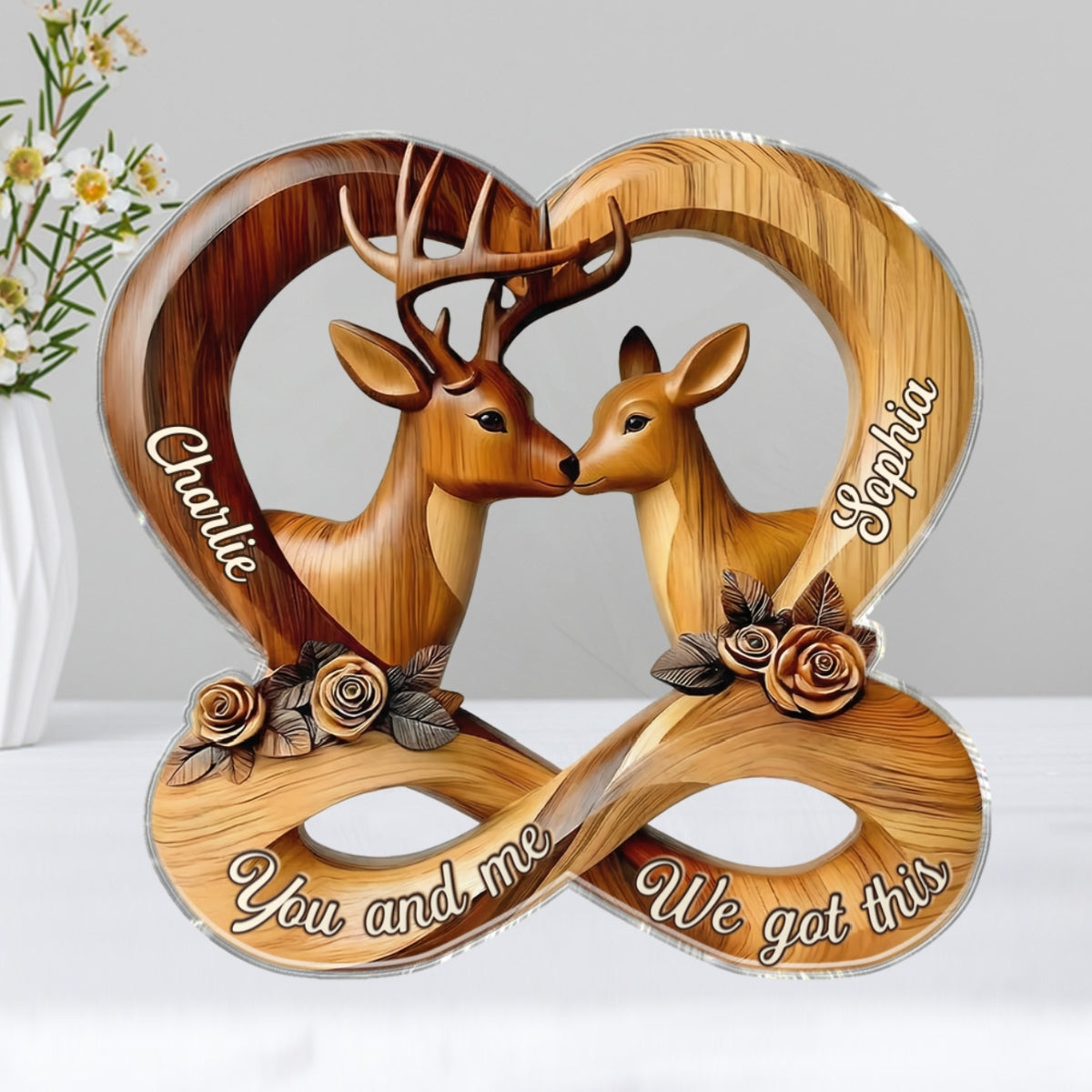 3D Effect Deer Couple Eternal Love - Personalized Acrylic Block Plaque - Gift For Him, Gift For Her