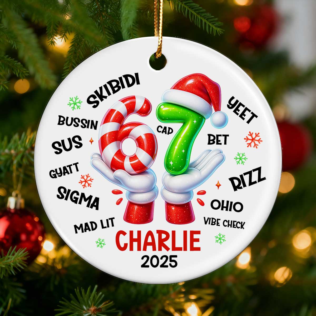 Funny Kids Six Seven Christmas -  Personalized Ceramic Ornament - 2025 Slang Christmas, Funny Teen Grandkid Ornament, Gen Alpha Christmas Gift - 67 Gift