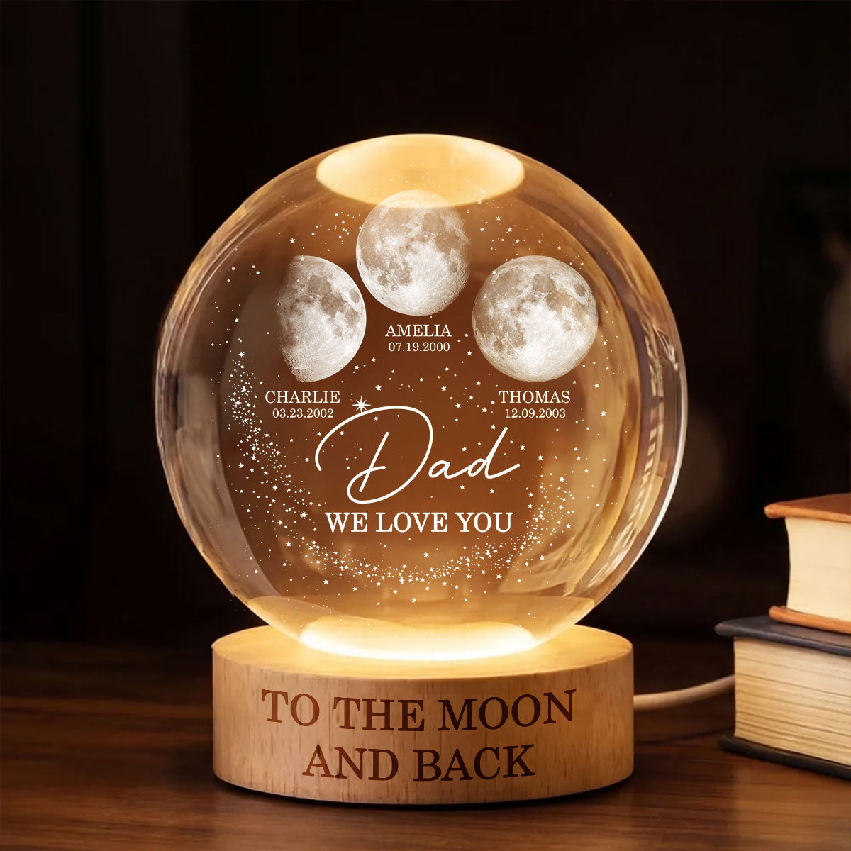 Love to the Moon and Back - Personalized Crystal Ball LED Night Light - Custom Moon Phase by Date,  Gift for Dad, Husband