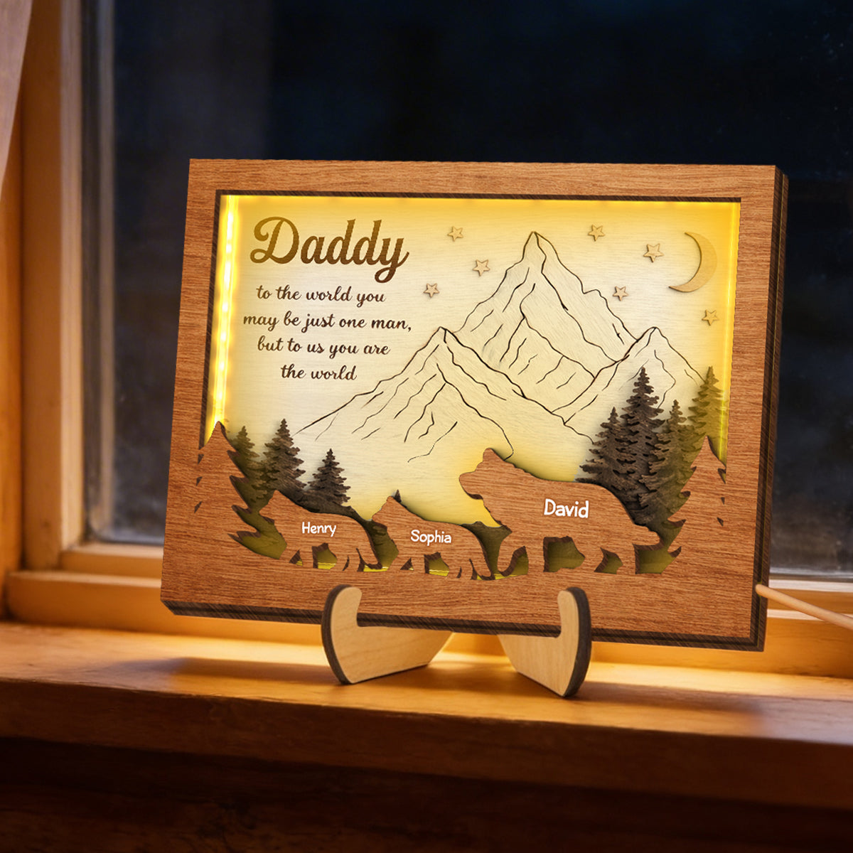 Daddy to Us You Are the World - Personalized 2-Layered Wooden Plaque LED Night Light - Sentimental Gift for Dad, Husband