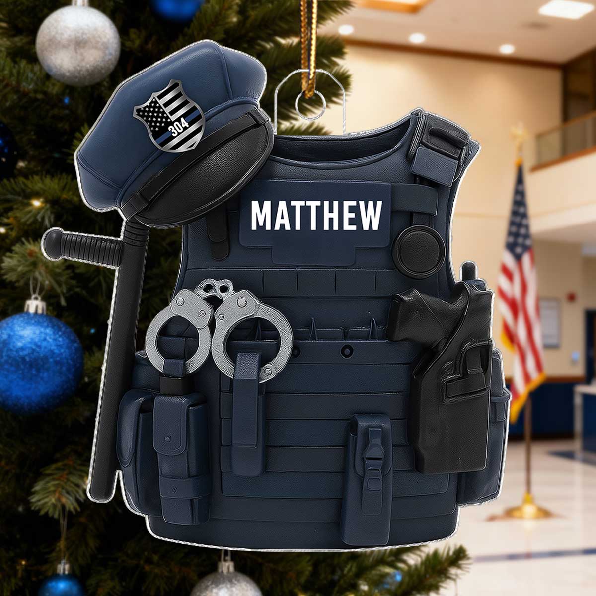3D Effect Police Bulletproof Vest & Hat - Personalized Acrylic Ornament - Christmas Gift For Police