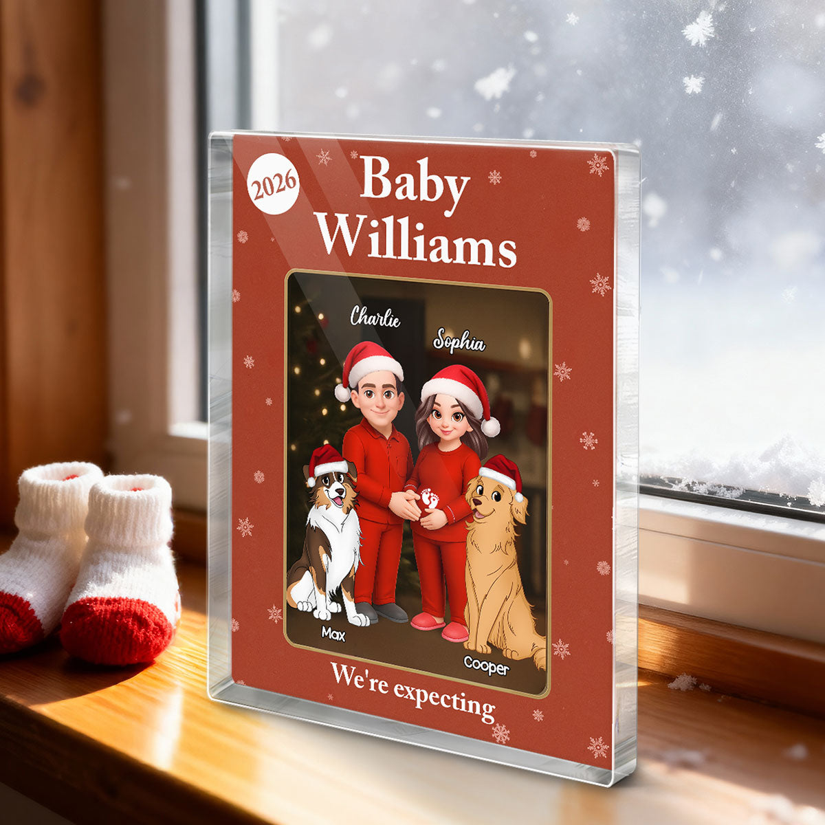 Expecting Parents Christmas Pregnancy Baby Arriving With Dogs Cats Custom Figure Style - Personalized Acrylic Block Plaque