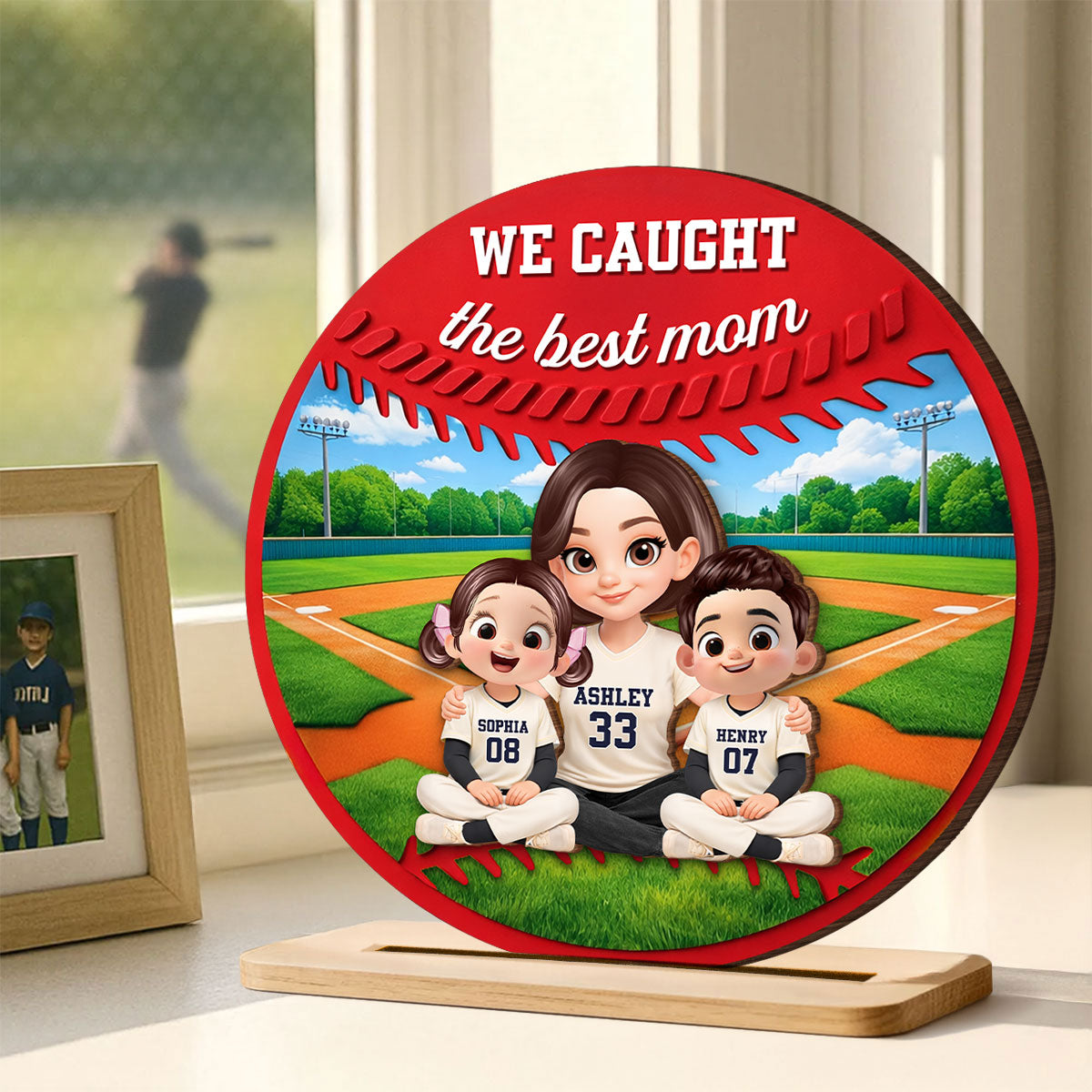 Mom And Kids Baseball Field - Personalized 2-Layered Wooden Plaque - Heartfelt Gift For Baseball Mom, Grandma
