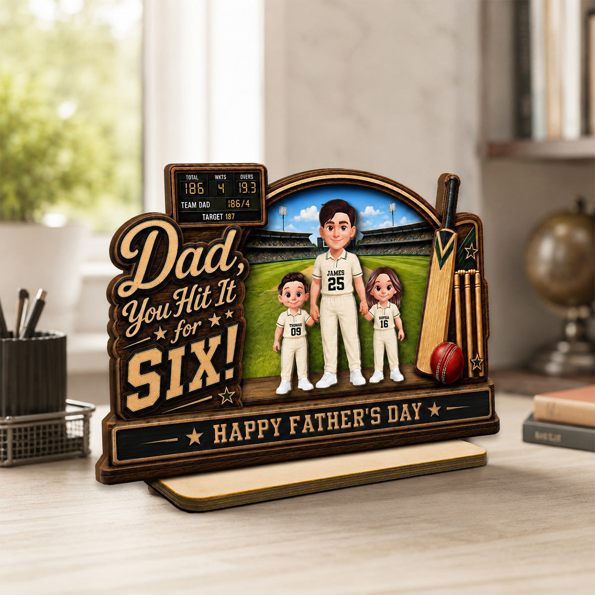 Hit A Six With The Best Dad Cricket Dad & Kids On Court - Personalised 2-Layered Wooden Plaque -  Gift For Husband, Dad