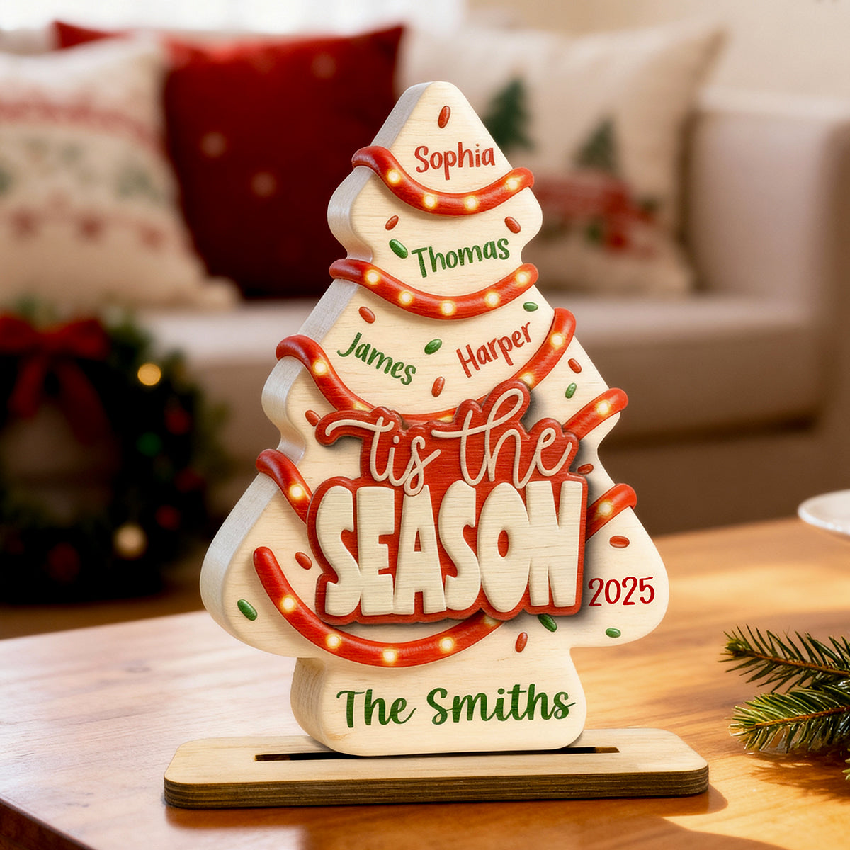 Tis The Season Christmas Tree Cake Family Names - Personalized 2-Layered Wooden Plaque