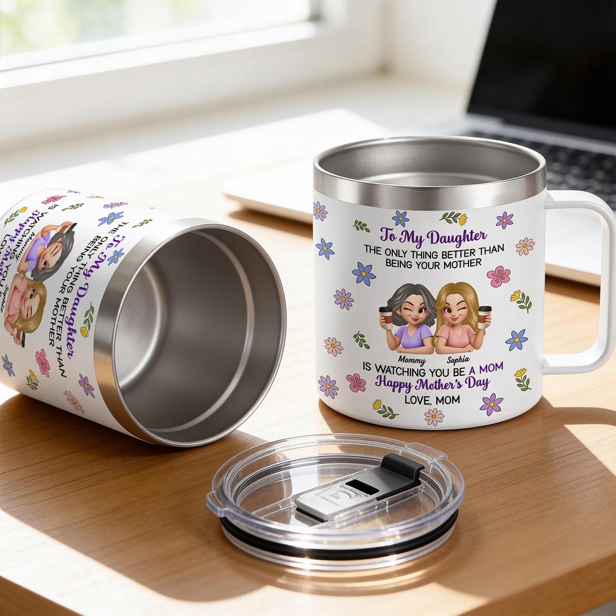 To My Daughter Floral 2D Flat - Personalized Tumbler With Handle - Heartfelt Mother's Day Gift For Daughter