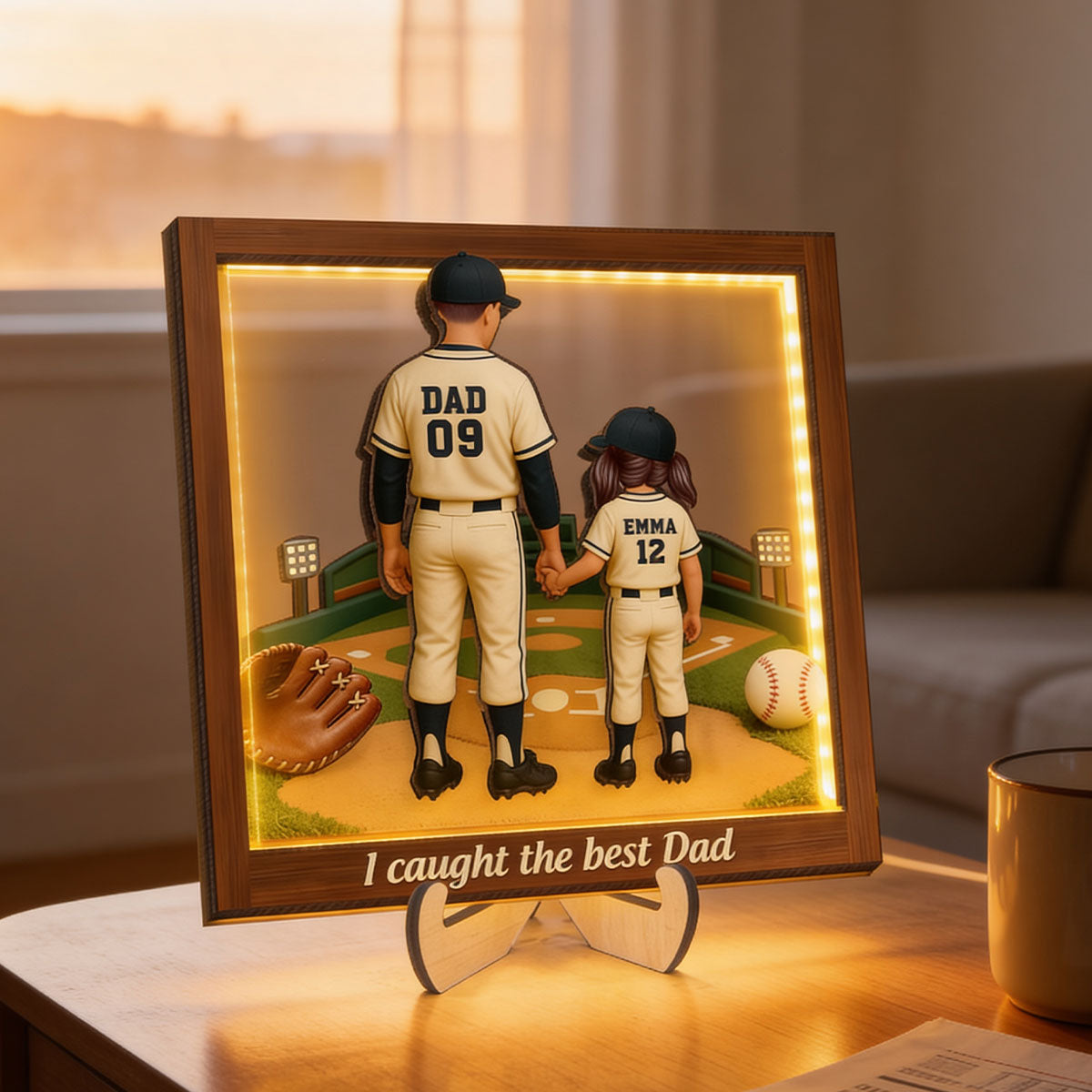 We Caught The Best Dad Baseball - Personalized Wooden Frame With LED - Heartfelt Gift For Baseball Dad