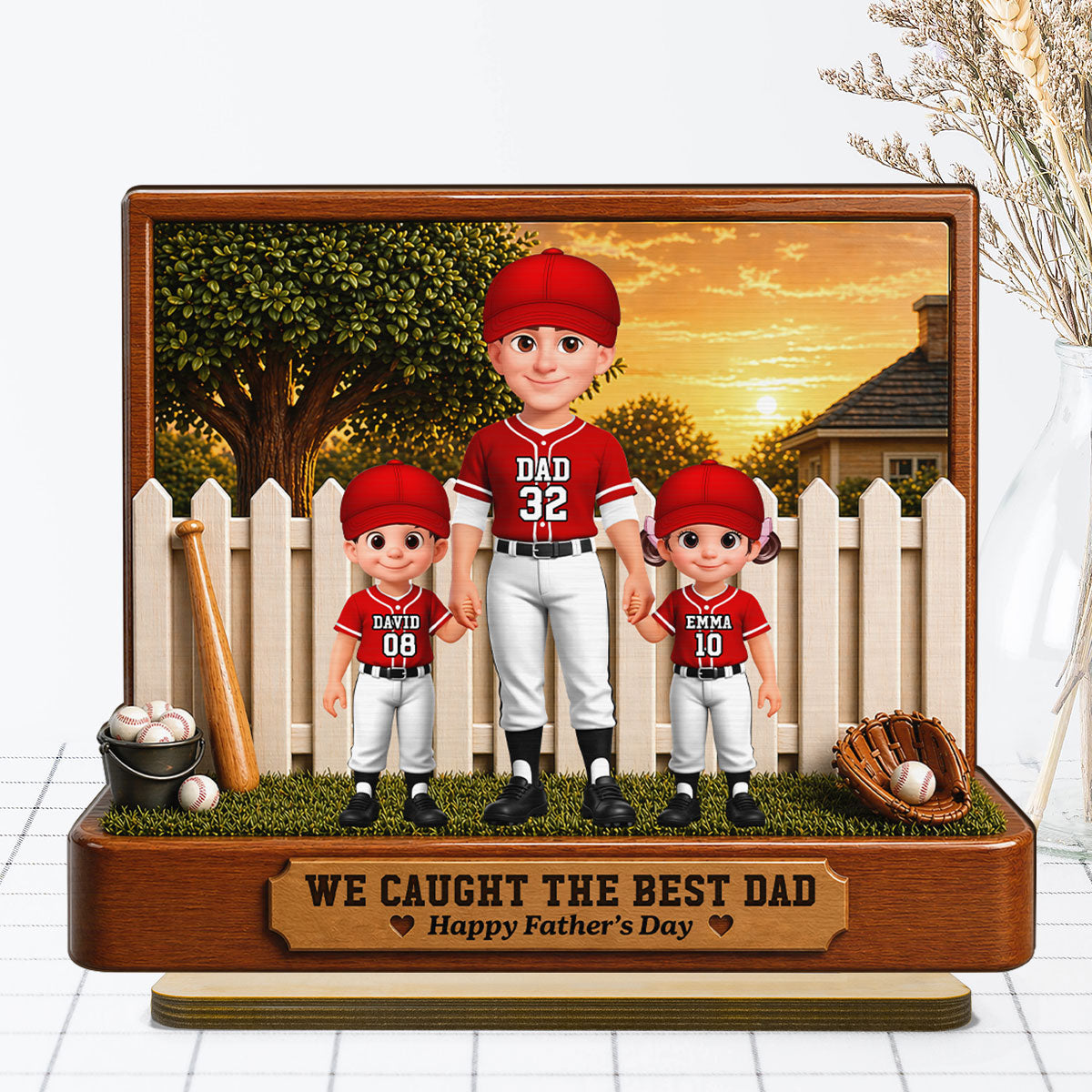 Baseball Dad And Kids Backyard We Caught The Best Dad - Personalized 2-Layered Wooden Plaque -  Gift For Dad