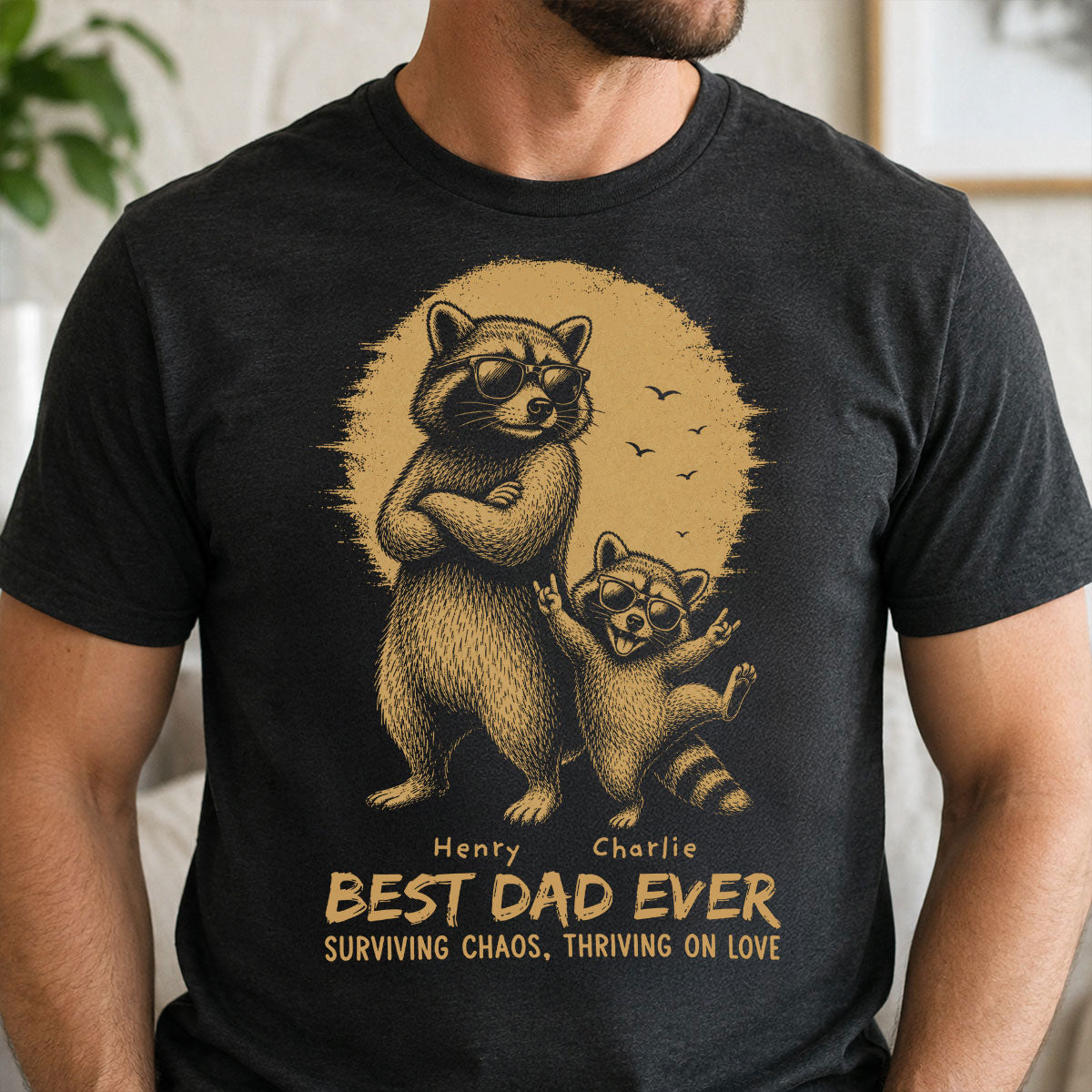 Retro Yellow Vintage Raccoon Dad Best Dad Ever - Personalized Shirt - Funny Father's Day Gift For Dad, Husband
