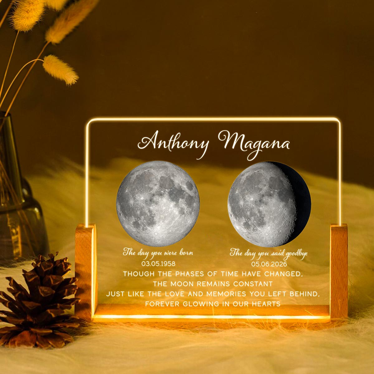 Lost Loved One Moon Phase Art Memorial - Personalized Acrylic LED Night Light - Memorial Gift, Sympathy Gift