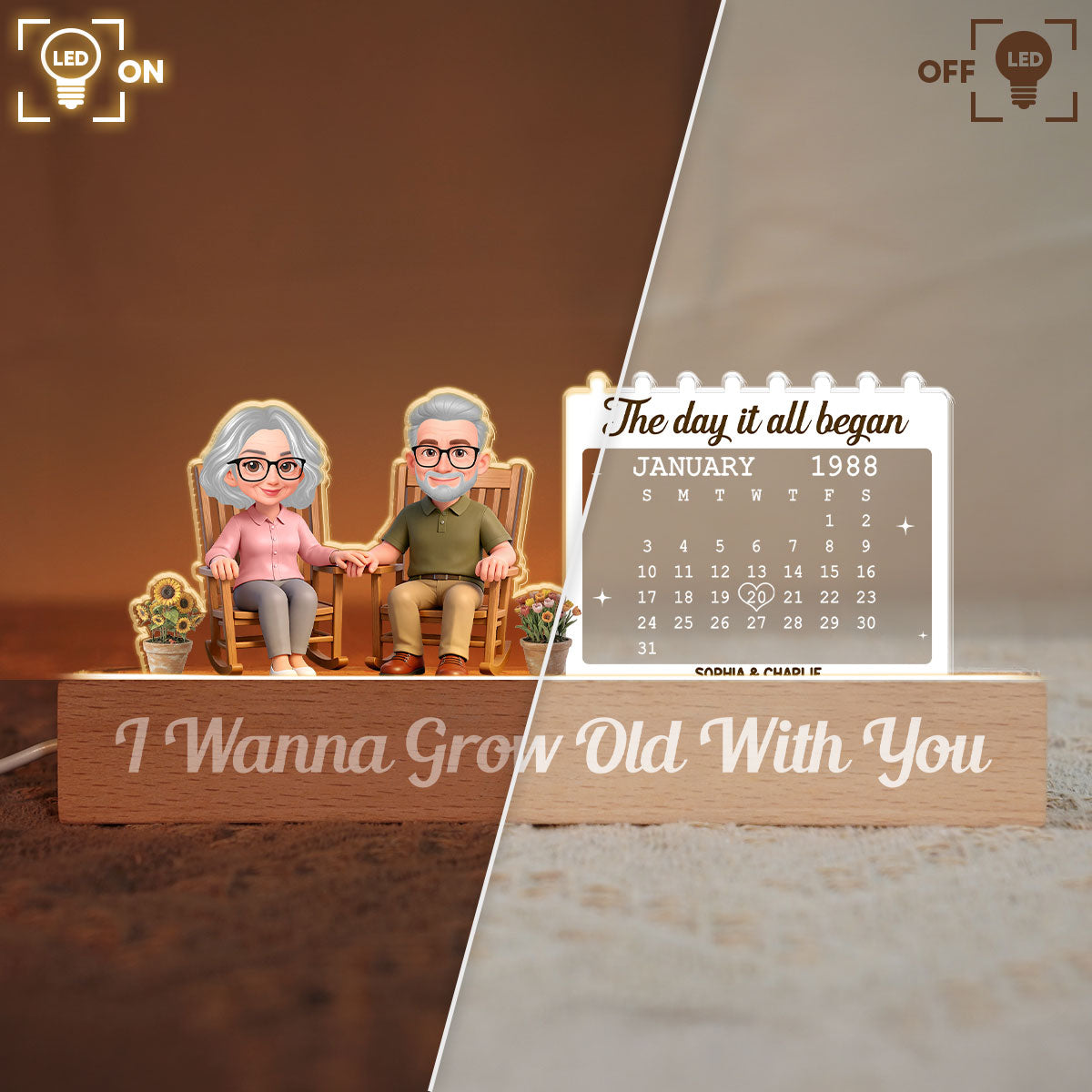 Old Couple Sitting On Rocking Chair Anniversary Date Calendar - Personalized Acrylic Block LED Night Light