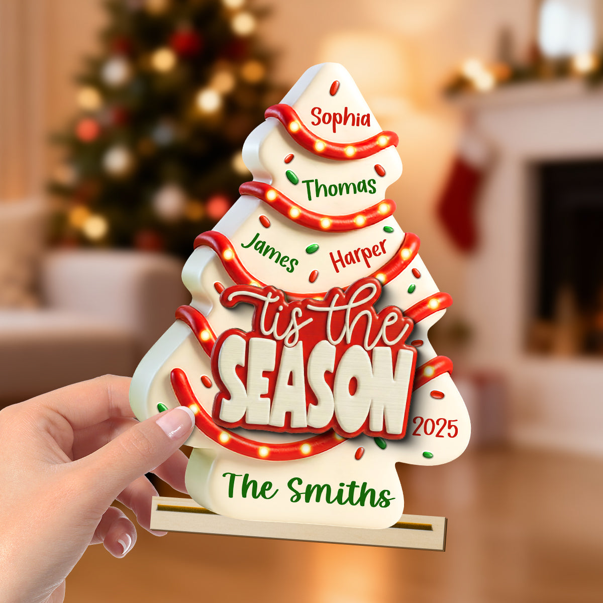 Tis The Season Christmas Tree Cake Family Names - Personalized 2-Layered Wooden Plaque
