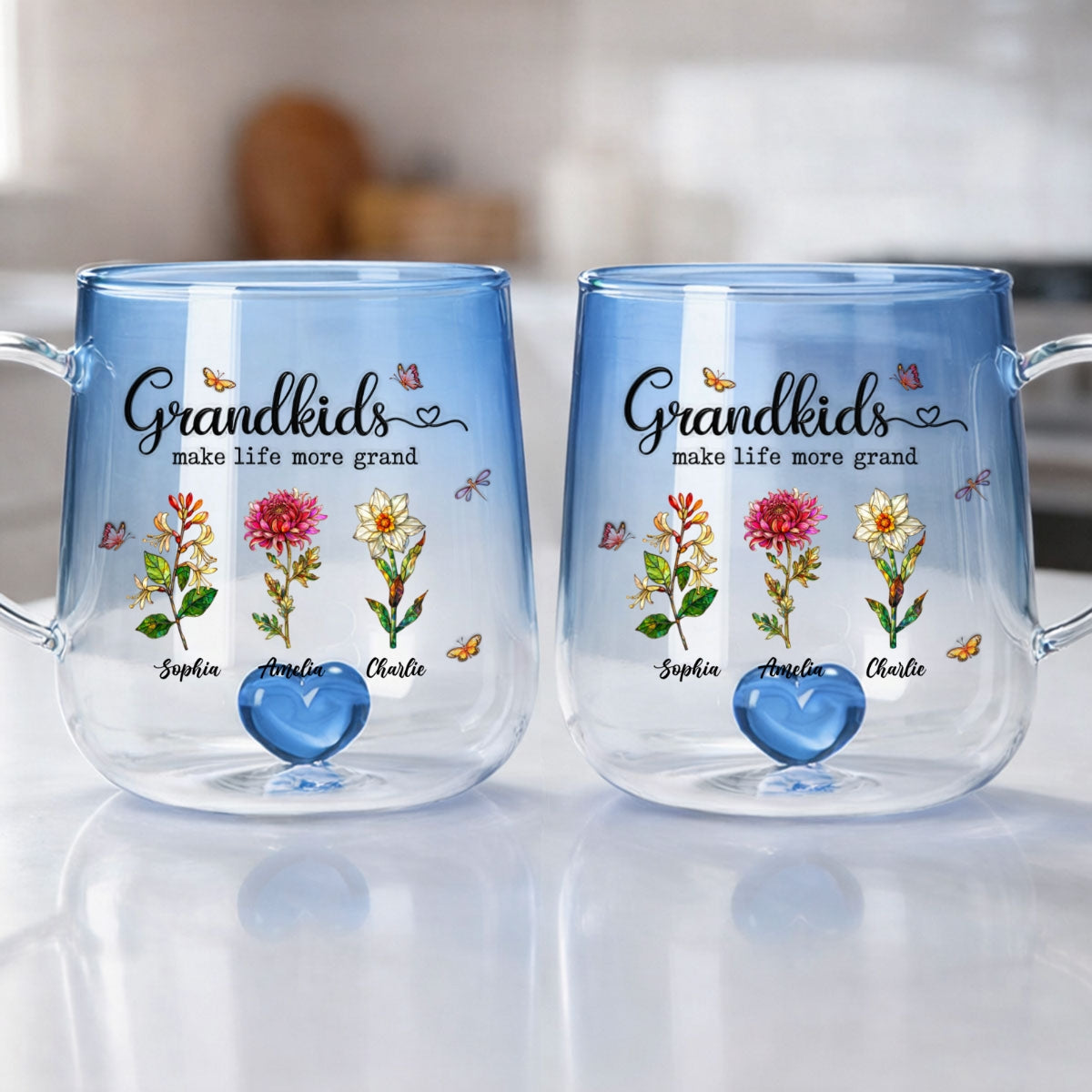 Grandkids Make Life More Grand Custom Birth Flower - Personalized Glass Mug - Heartfelt Mother's Day Gift for Grandma, Mom