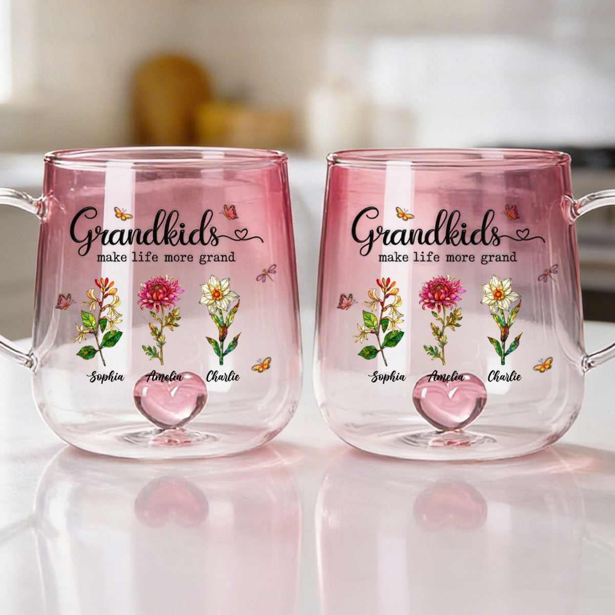 Grandkids Make Life More Grand Custom Birth Flower - Personalized Glass Mug - Heartfelt Mother's Day Gift for Grandma, Mom