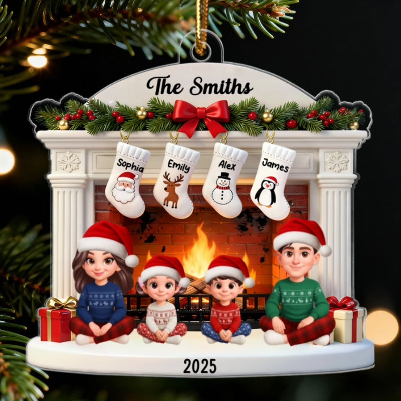 3D Effect Christmas Festive Christmas Fireplace Beautiful Family Together - Personalized Acrylic Ornament - Gift For Family