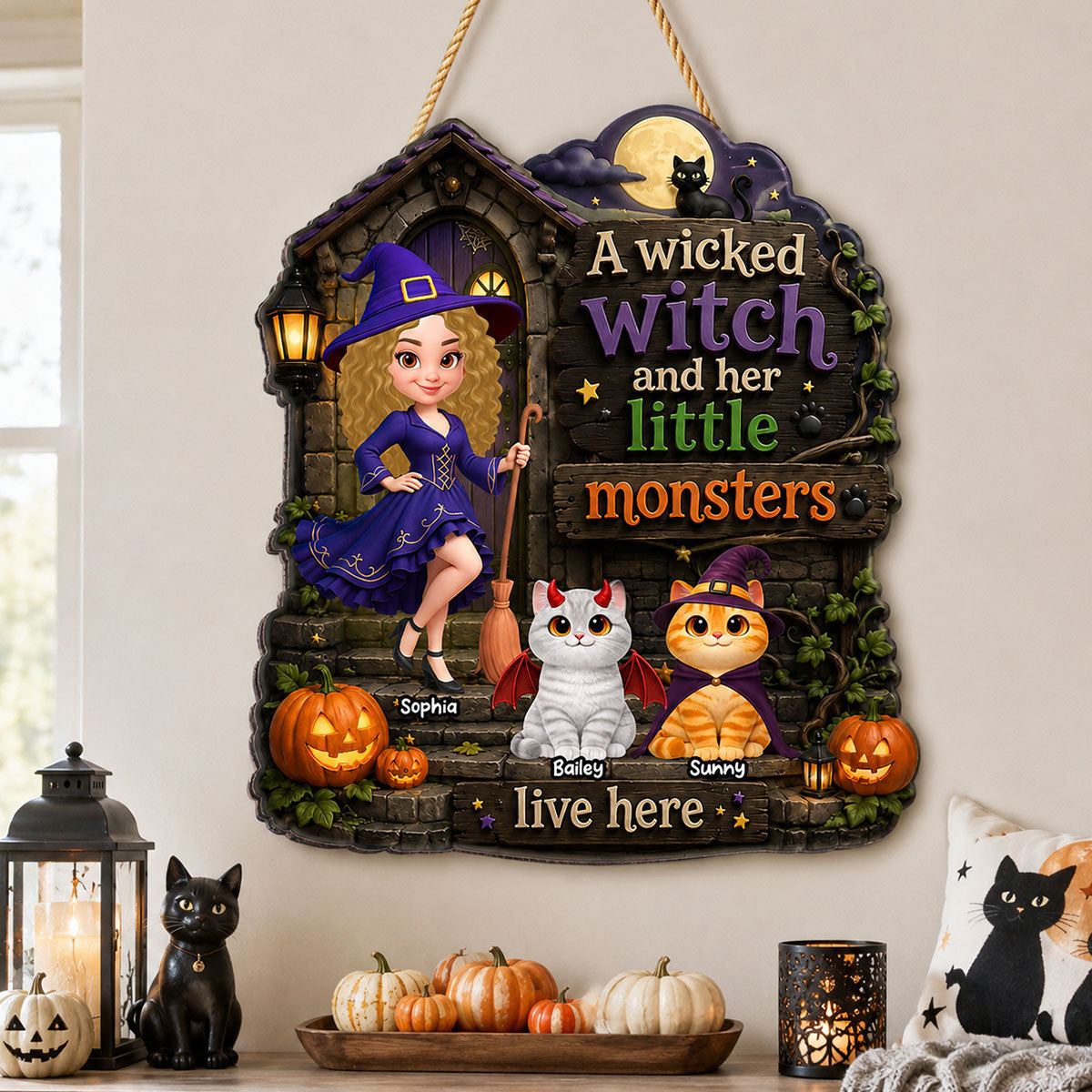 Mysterious Wicked Witch And Little Monsters Cats - Personalized Wood Sign - Halloween Gift For Cat Lovers, Halloween Decor