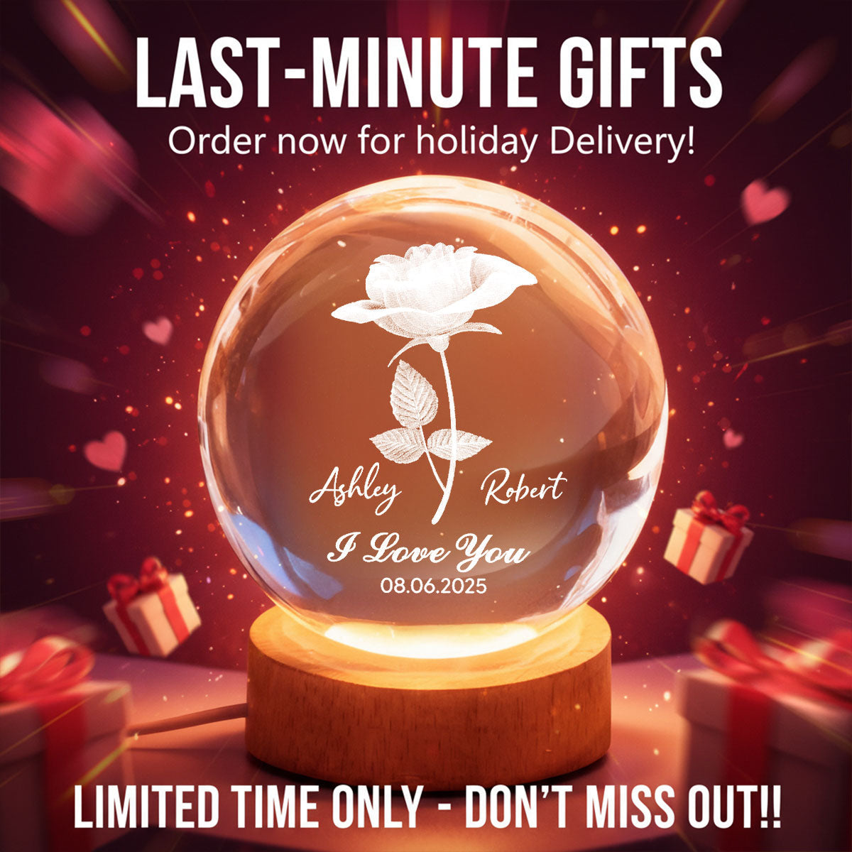 Eternal Love Rose I Love You - Personalized Crystal Ball LED Night Light - Valentine's Day Gift For Couple, For Her, For Him