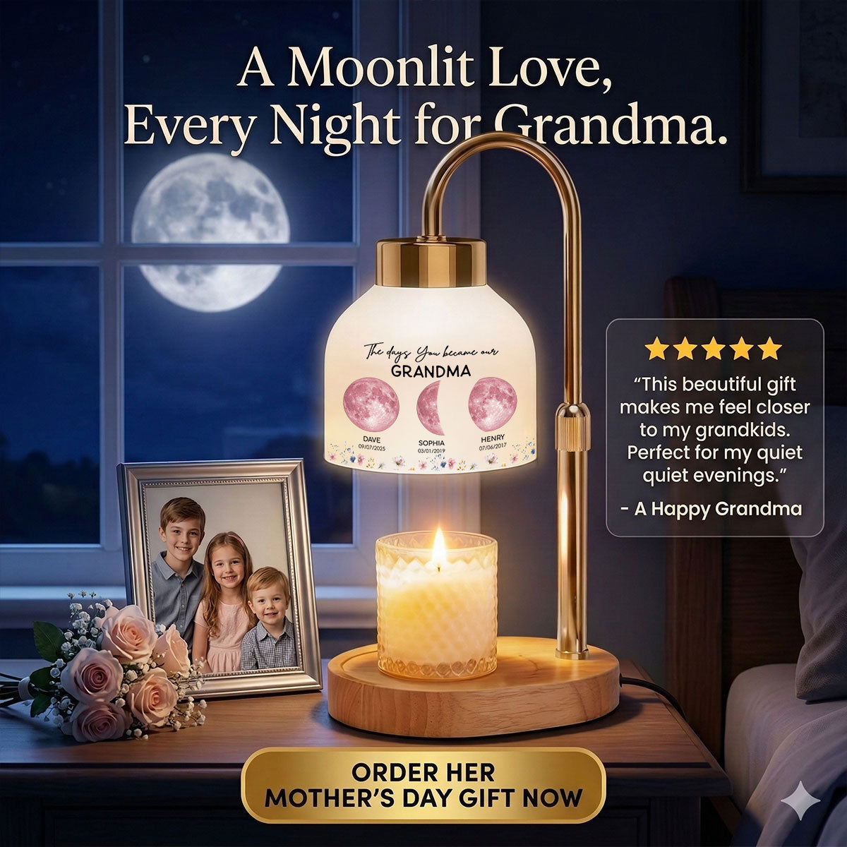 The Days You Became Our Mom Grandma Custom Pink Moon Phase By Date - Personalized Candle Warmer Lamp