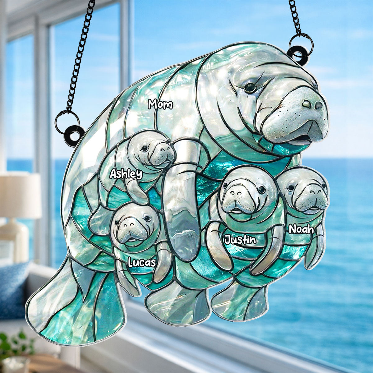 Manatee Mom and Kids - Personalized Acrylic Suncatcher - Heartfelt Mother's Day Gift for Mom, Wife